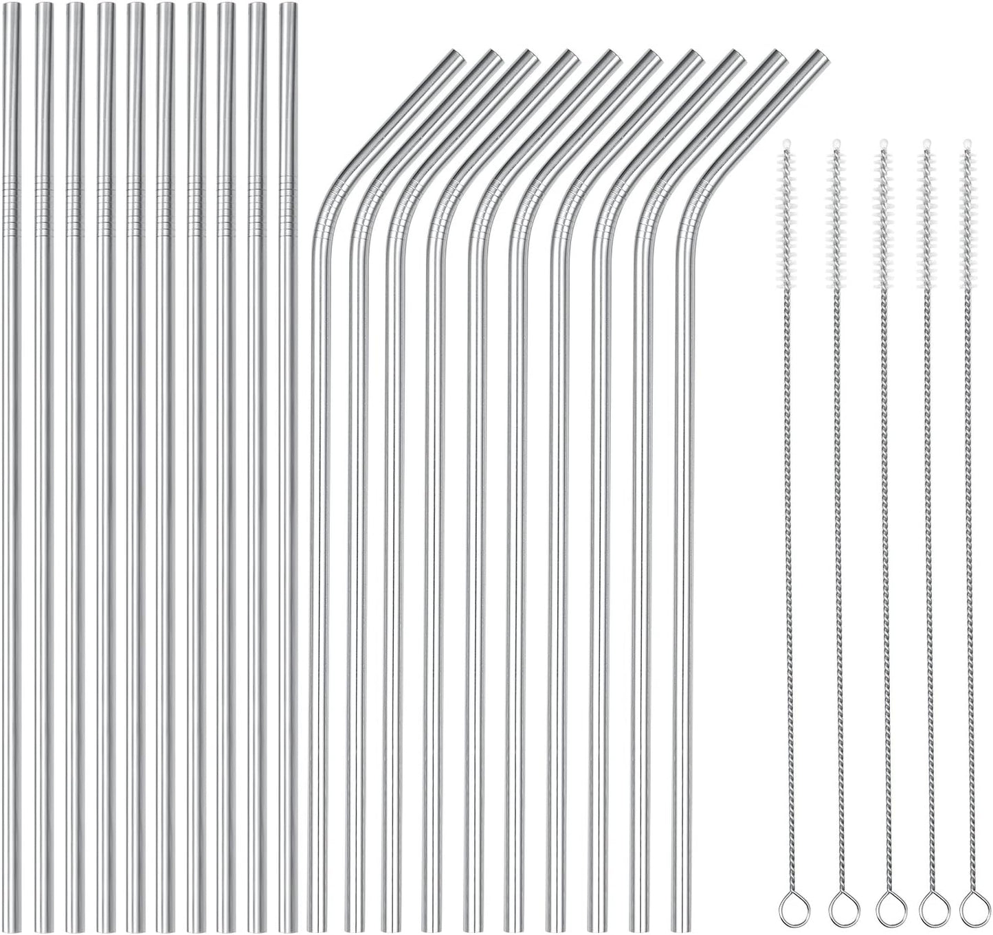 wholesale 25 Piece Set Stainless Steel Straws Ultra Long 10.5 Inch Drinking Metal Straws Reusable Drinking Straws for 20 30 OZ (10 Straight | 10 Bent | 5 Brushes)