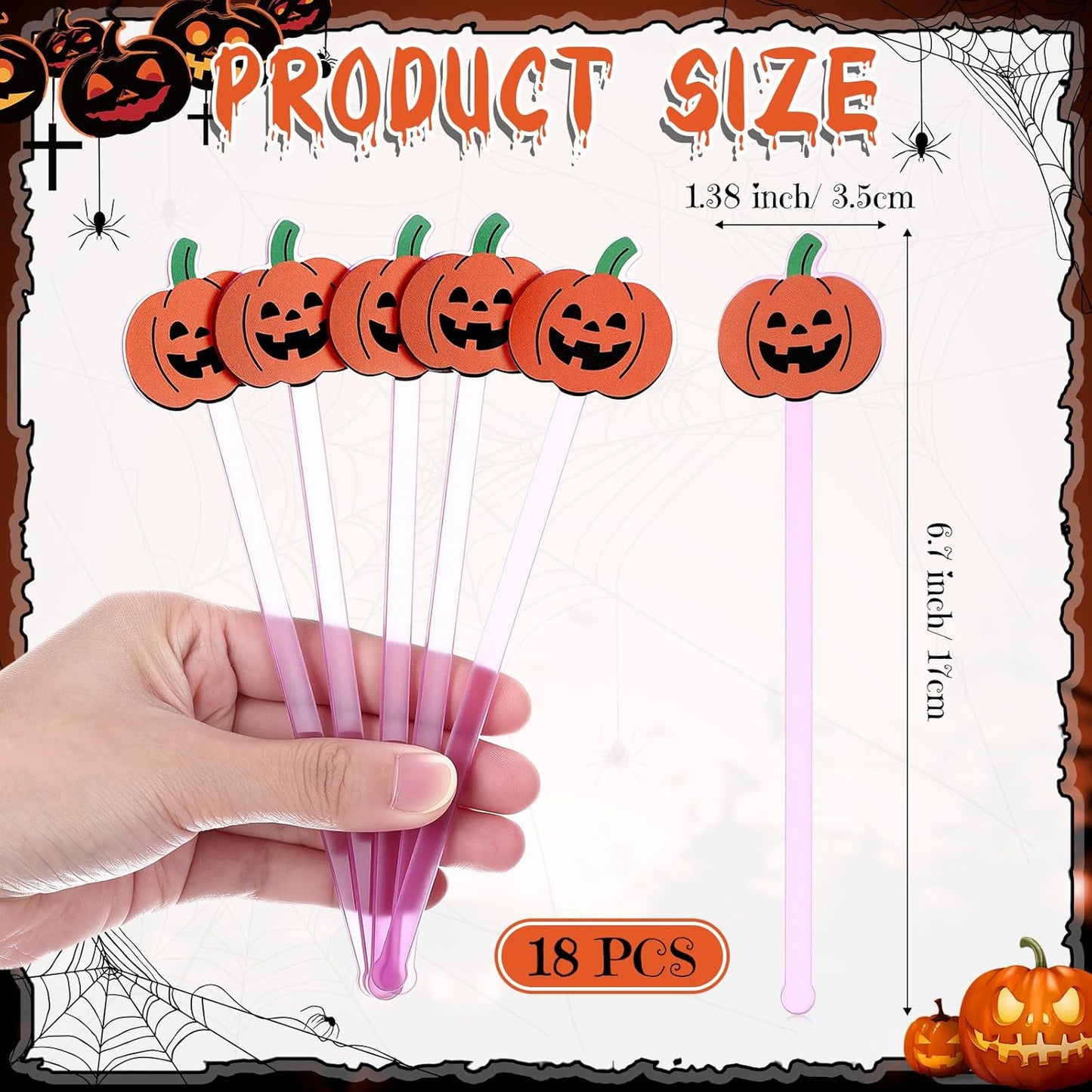 Remerry 18 Pcs Halloween Swizzle Sticks 6.7 Inches Halloween Reusable Stir Sticks Acrylic Drink Stirrers Pumpkin Cocktail Coffee Stirrers Bulk for Coffee Bar Cocktail Milk Party Decor(Pumpkin)