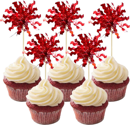 Gyufise 30Pcs Foil Firework Cupcake Toppers Sparkle Tinsel Cake Toppers Tinsel Drink Cake Decoration Cocktail Picks for Birthday Wedding Graduation Party Supplies Red