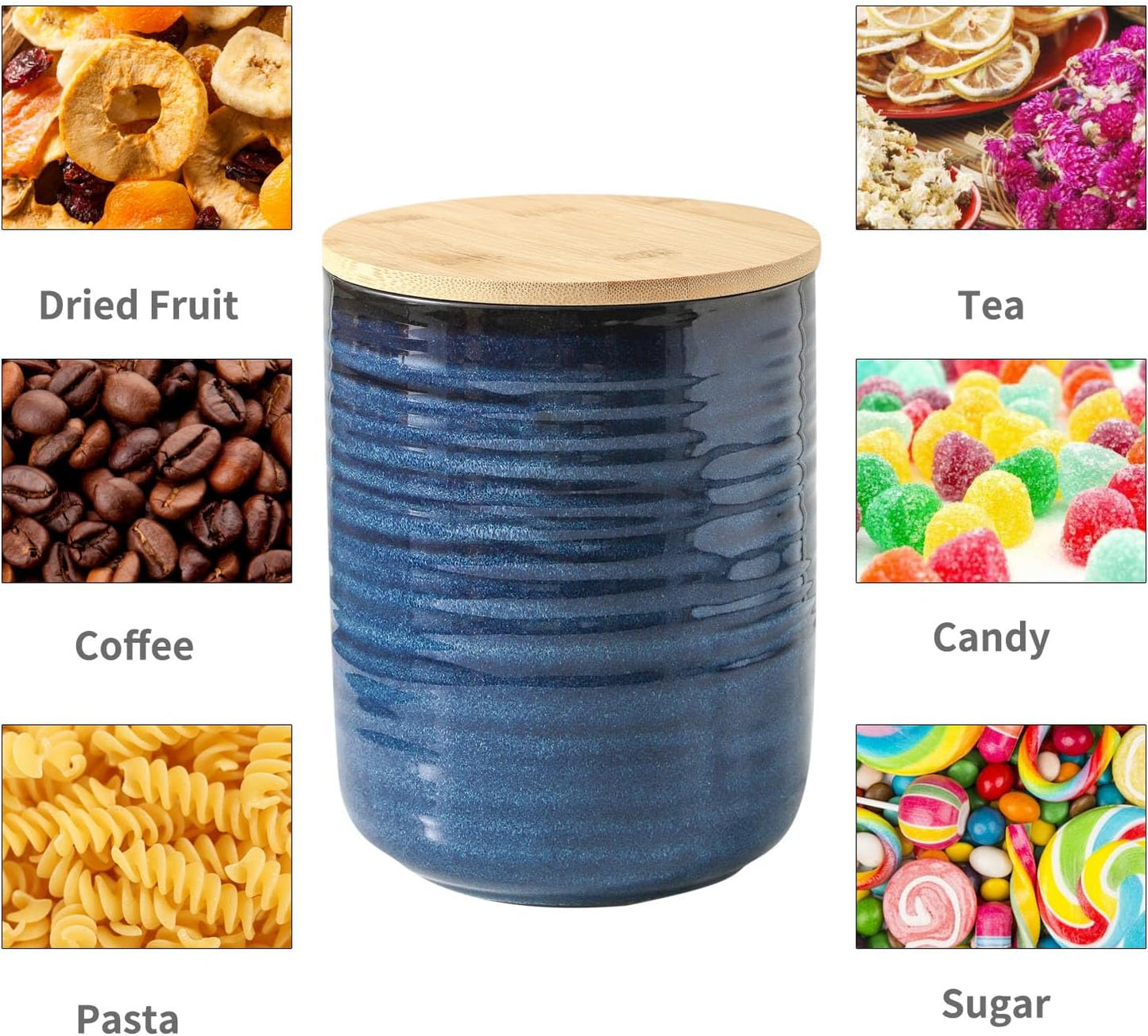 Hasense 80oz Ceramic Food Storage Jar with Airtight Bamboo Lid – 7.5 Inch Large Kitchen Canister for Coffee, Sugar, Flour, Tea, Snacks – Wide Mouth Blue Container for Pantry Organization
