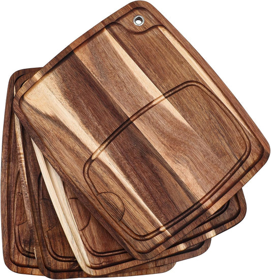 Uiifan 4 Pcs Steak Plates with Juice Channel Wooden Steak Board Set Acacia Cutting Serving Board for Home Serving Eating Meat Dishes Snack Dessert, 13 x 11 x 0.6 Inch