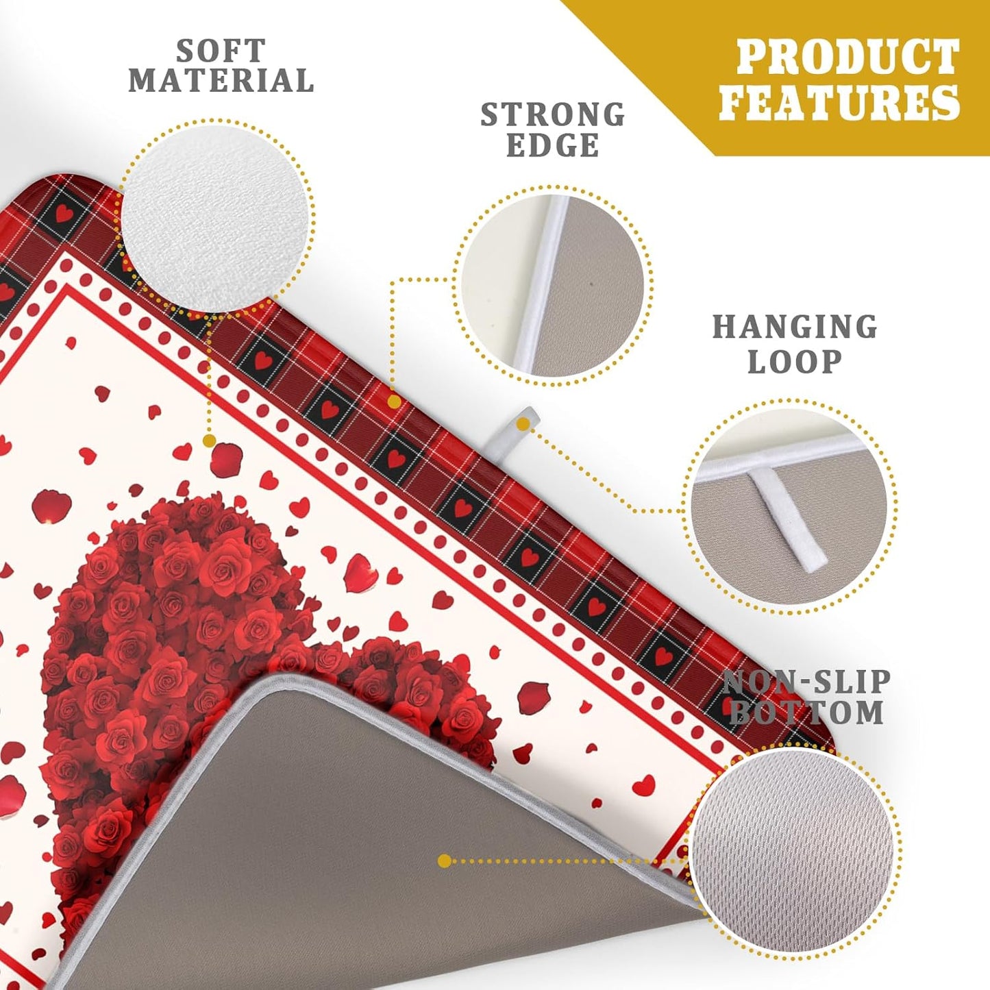 Giwawa Love Heart Dish Drying Mat 18x24 inch Valentines Day Red Rose Flowers Dish Drainer Mats Red Black Buffalo Plaids Absorbent Dish Drying Pad for Kitchen Countertop Wedding Large Decor