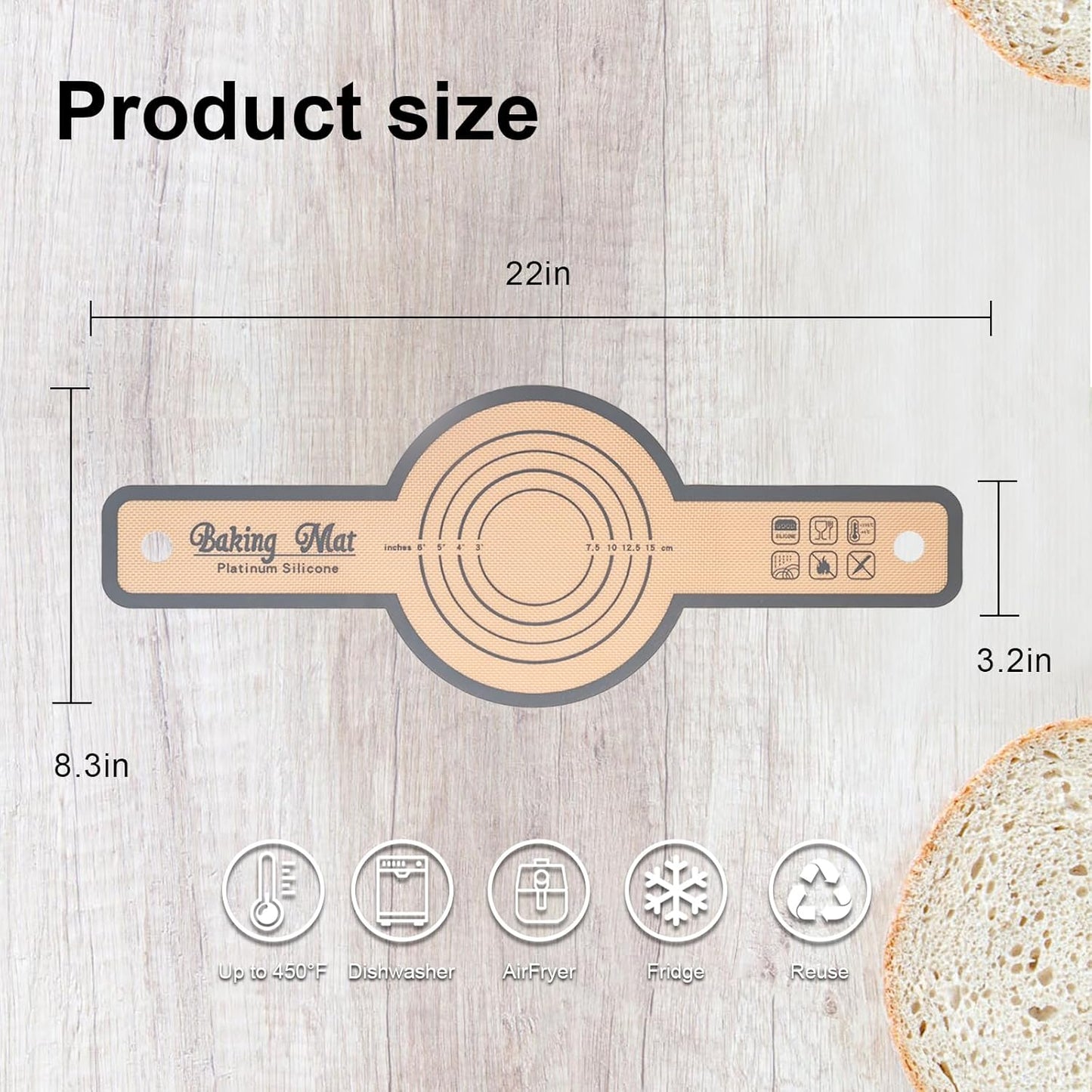 2 PCS Silicone Bread Sling with Dough Kneading Bag, Non-Stick & Easy Clean Round Reusable Silicone Baking Mat, for Dutch Oven, 500 Degrees Heat Resistant