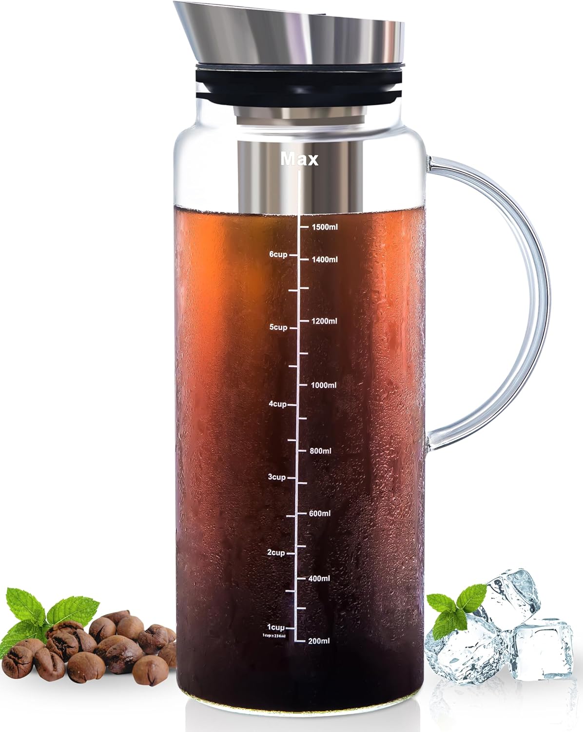 Aquach Cold Brew Coffee Iced Tea Maker & Fruit Pitcher - Large Capacity 51 Ounces - with Durable Glass Carafe/Fine Mesh Steel Infuser/Airtight Lid