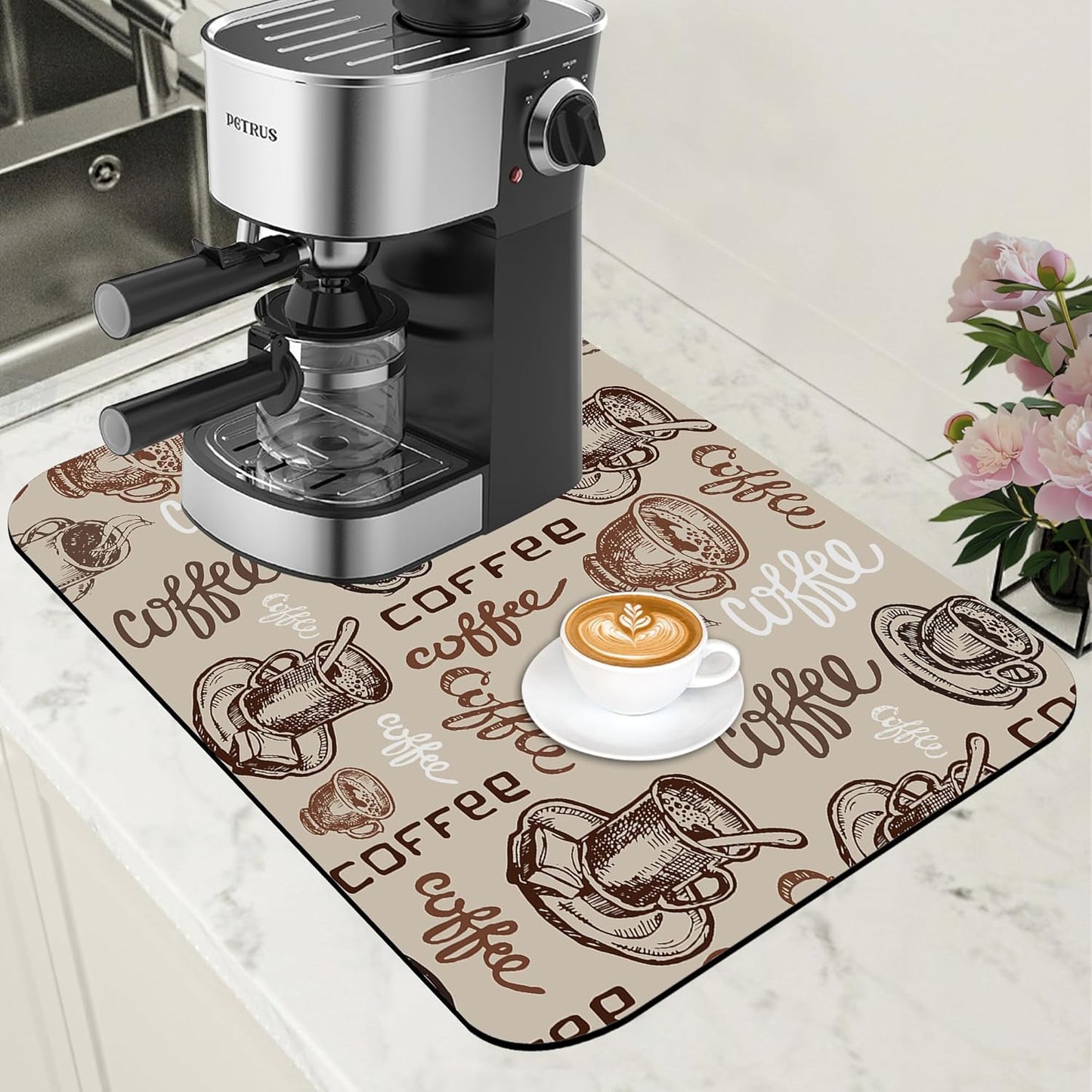 Coffee Cup Dish Drying Mat Cute Doodle Coffee Bar Mat for Countertop Absorbent Rubber Backed Hide Stain Dish Drainer Rack Pad Espresso Machine Dining Room Decoration 11.8 x 19.7 Inch