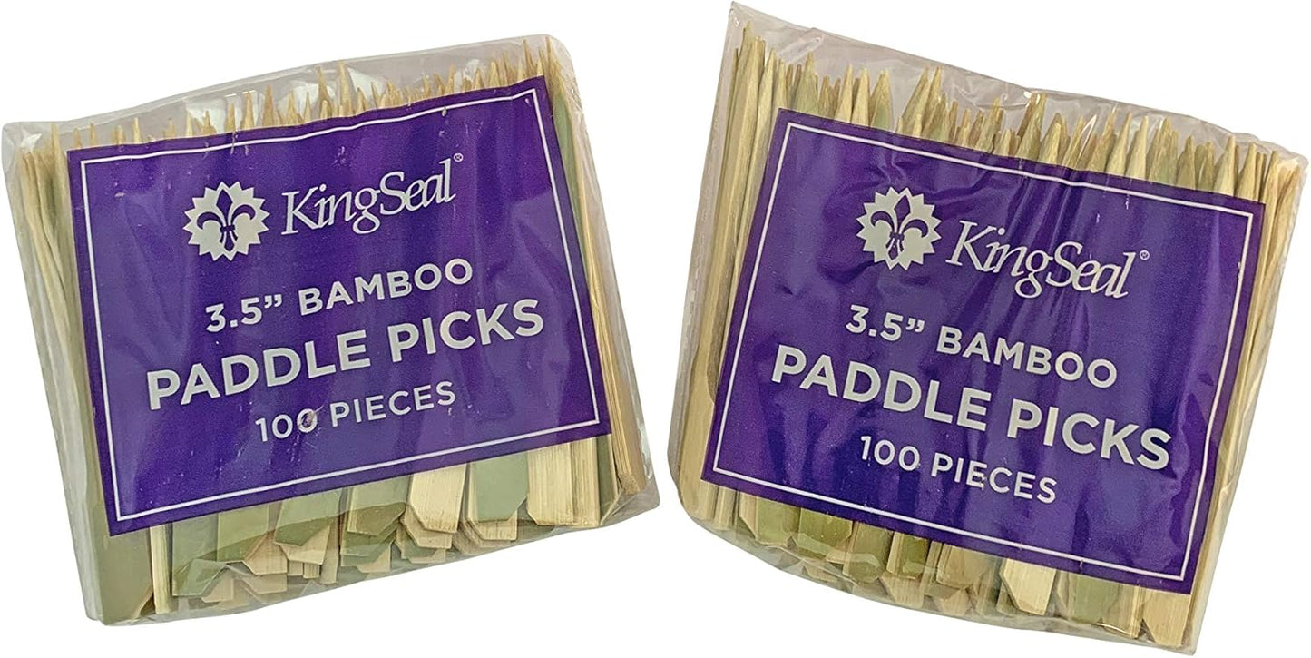 200 Count | KingSeal Natural Green Bamboo Wood Paddle Picks, Skewers for Appetizers and Cocktails, 3.5 Inches - 2 Packs of 100