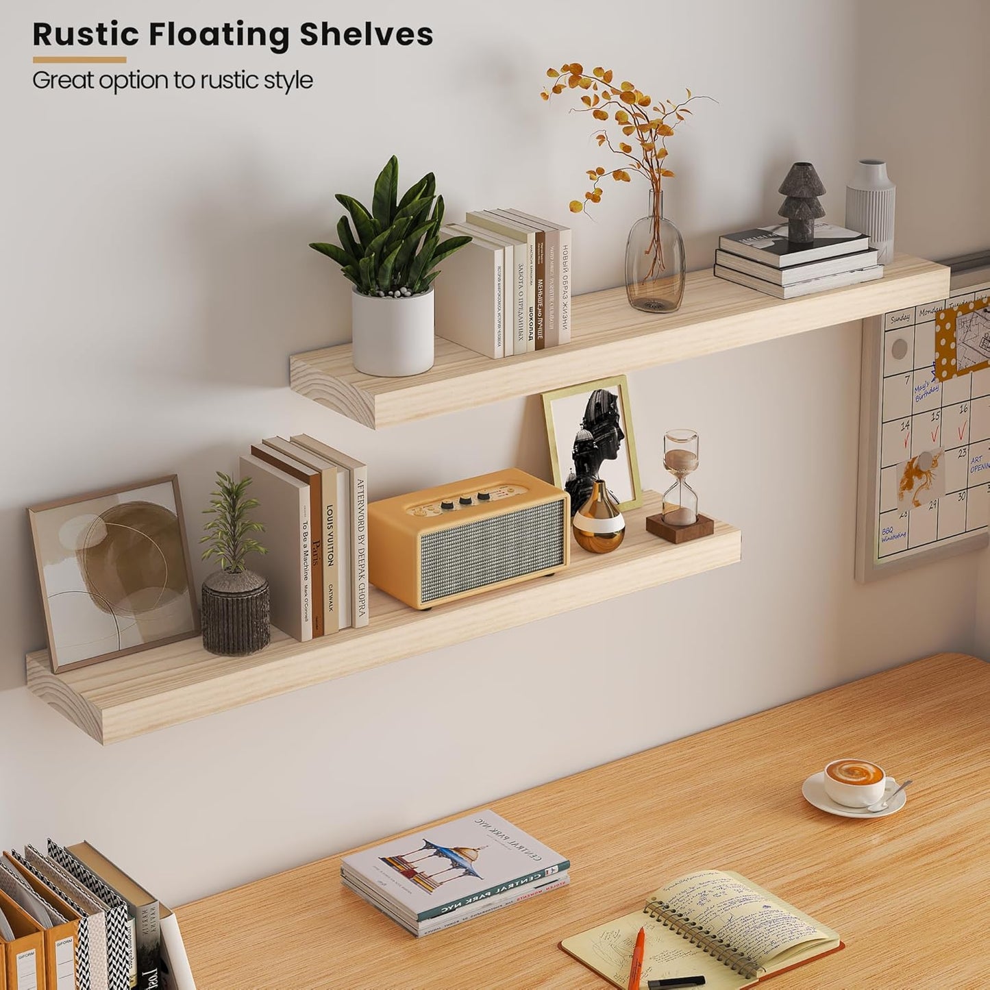 Vivelove Natural Wood Floating Shelves 36”，8 inch Deep Floating Shelf with Invisible Brackets, Unfinished Wall Shelves for Living Room, Bathroom, Kitchen, Bedroom, Home Decor, Set of 2 - Natural