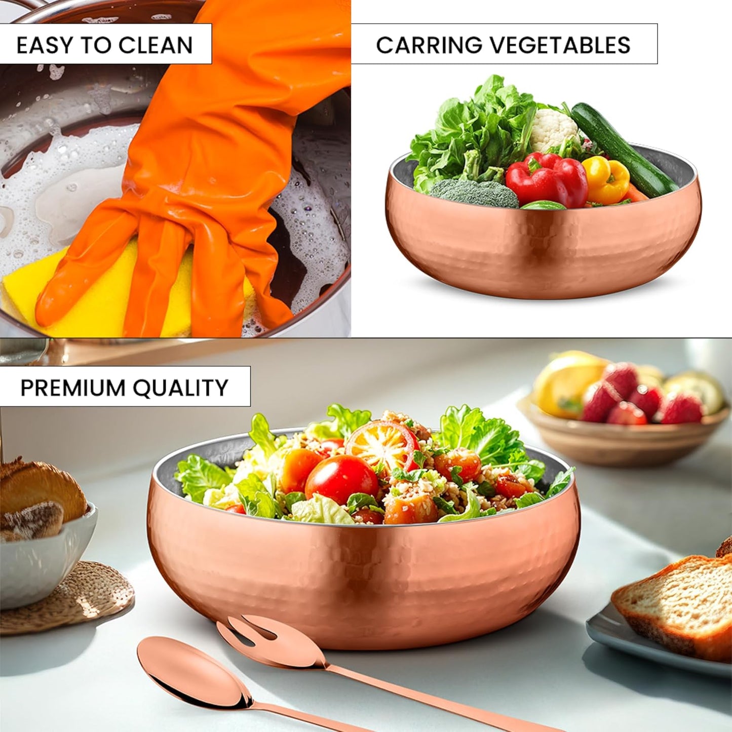 Avador® Set of 3 Premium Stainless Steel Salad Mixing Bowl Hammered Finish | Handmade | Includes Salad Serving Utensils (Rose Gold)