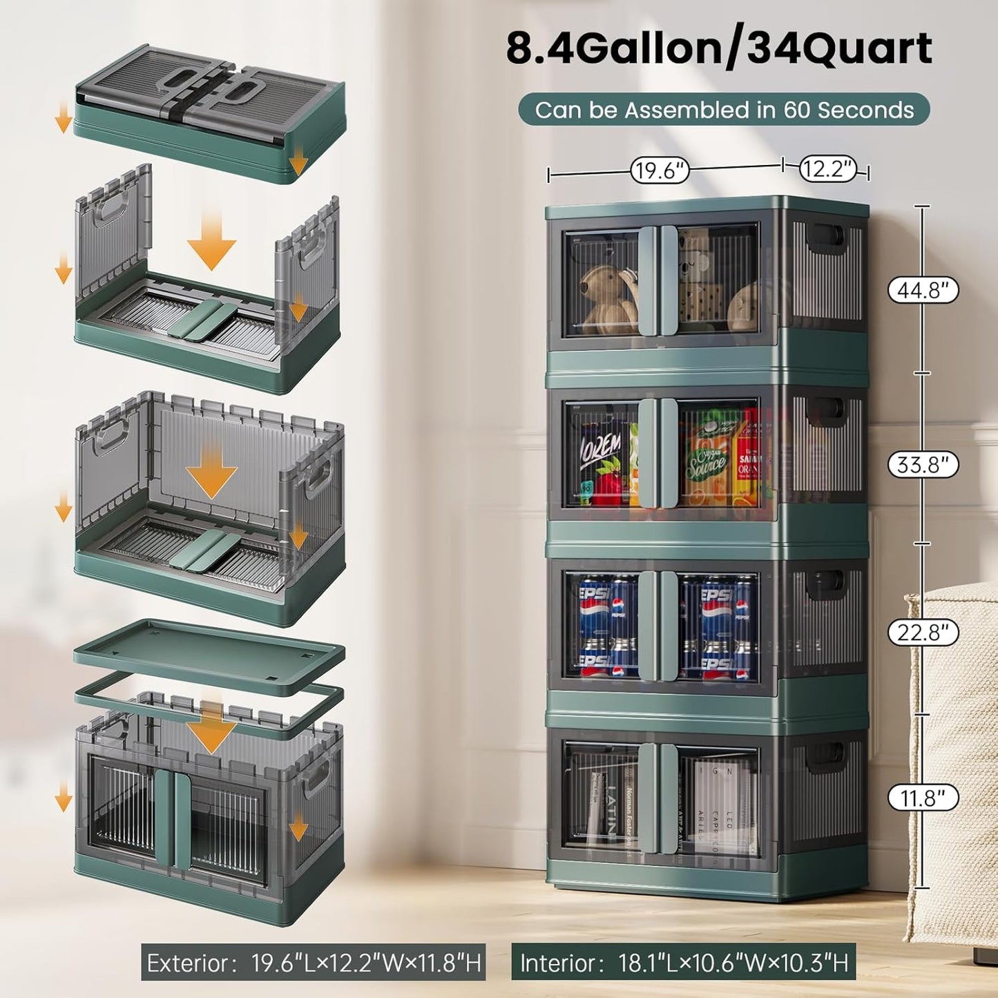 8.4Gal Collapsible Storage Bins with Lids & Wheels - 4 Pack Stackable with Doors, Heavy-Duty Plastic Containers for Home/Office, Green