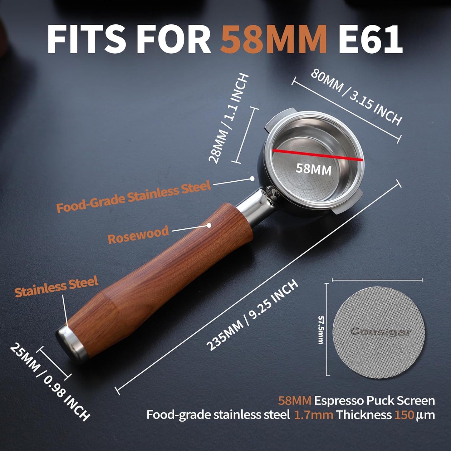 58mm Bottomless Portafilter | Fits for E61 Group Head 2 Ears machines| Stainless Steel portafilter and Rosewood Handle|Espresso Machine Accessories(Rosewood)