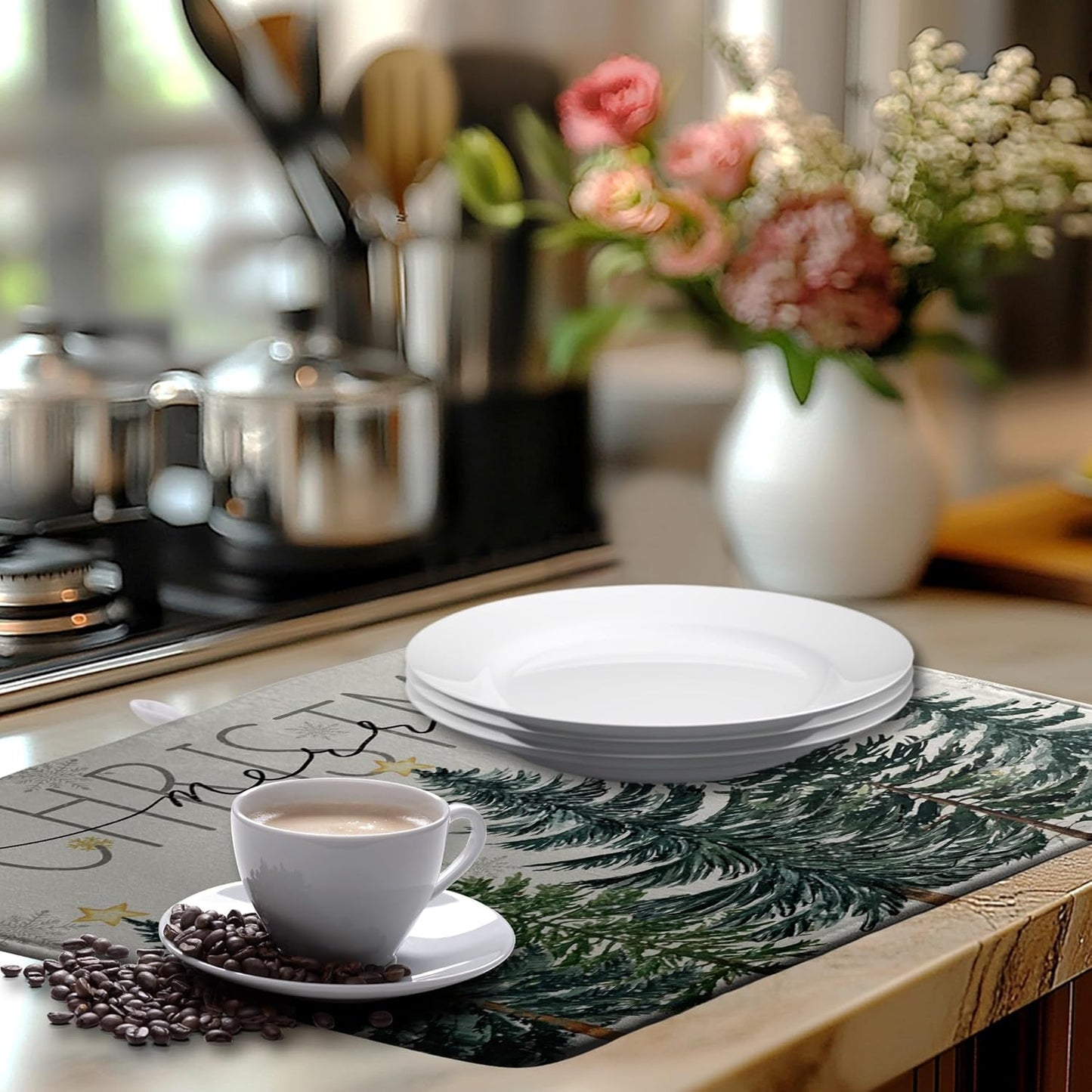 Winter Forest Dish Drying Mat Winter Snowflake Large Kitchen Mats Dish Drying Pad Christmas Tree Absorbent Dish Dryer Mat for Kitchen Countertops Microfiber Drainer Pad Dish Drying Mats (18x24 in)