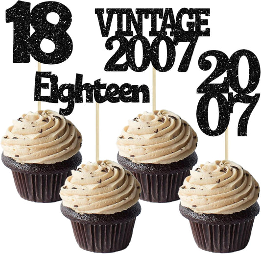 Gyufise 24Pcs 18th Birthday Cupcake Toppers Glitter Eighteen Vintage 2007 Adultish 18 Cupcake Picks Hello 18 Years Birthday Cake Decorations for Happy 18th Birthday Anniversary Party Supplies Black