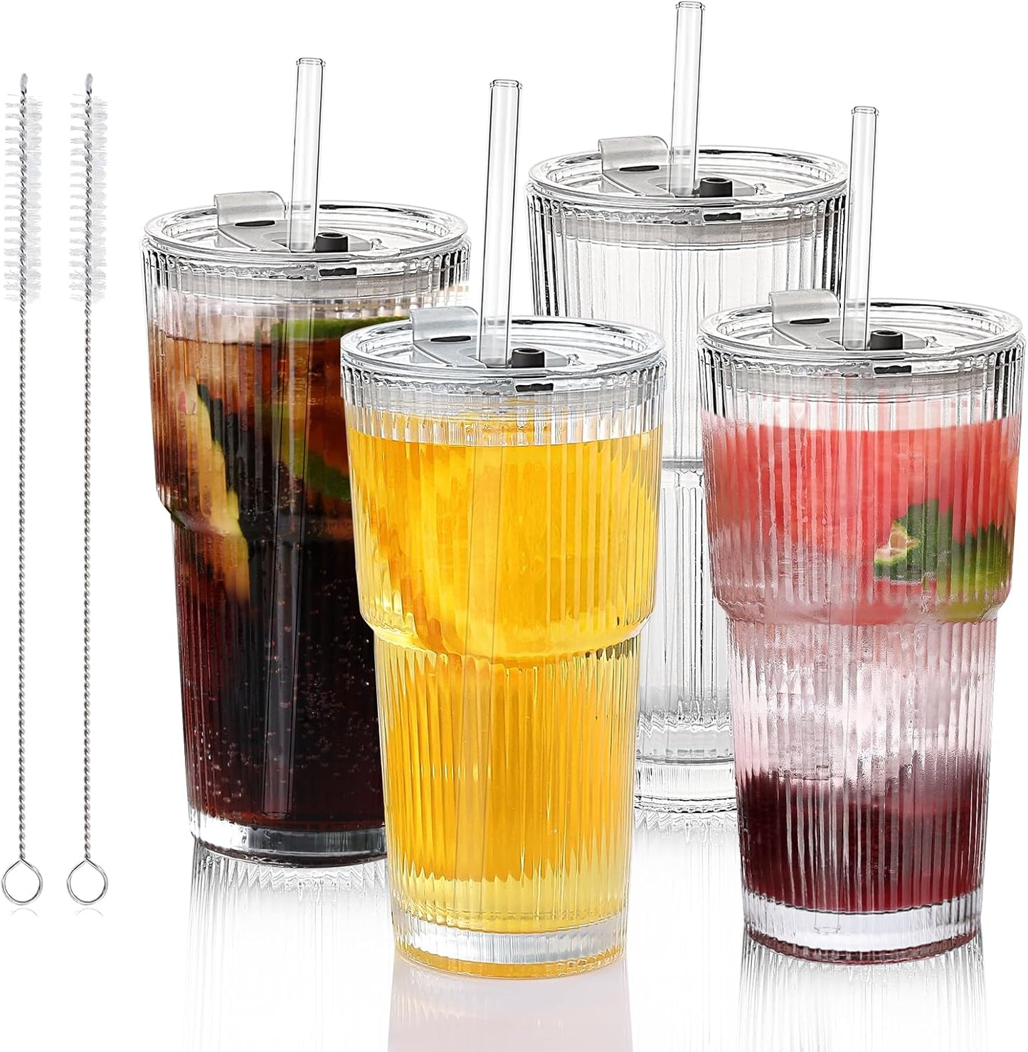 Glass Cups with Lids and Straws - 20oz Glass Tumbler with Straw and Lid, Premium Coffee Cups for Tea, Iced Coffee, Smoothie，Ideal Gift for Home, Office, 4pack