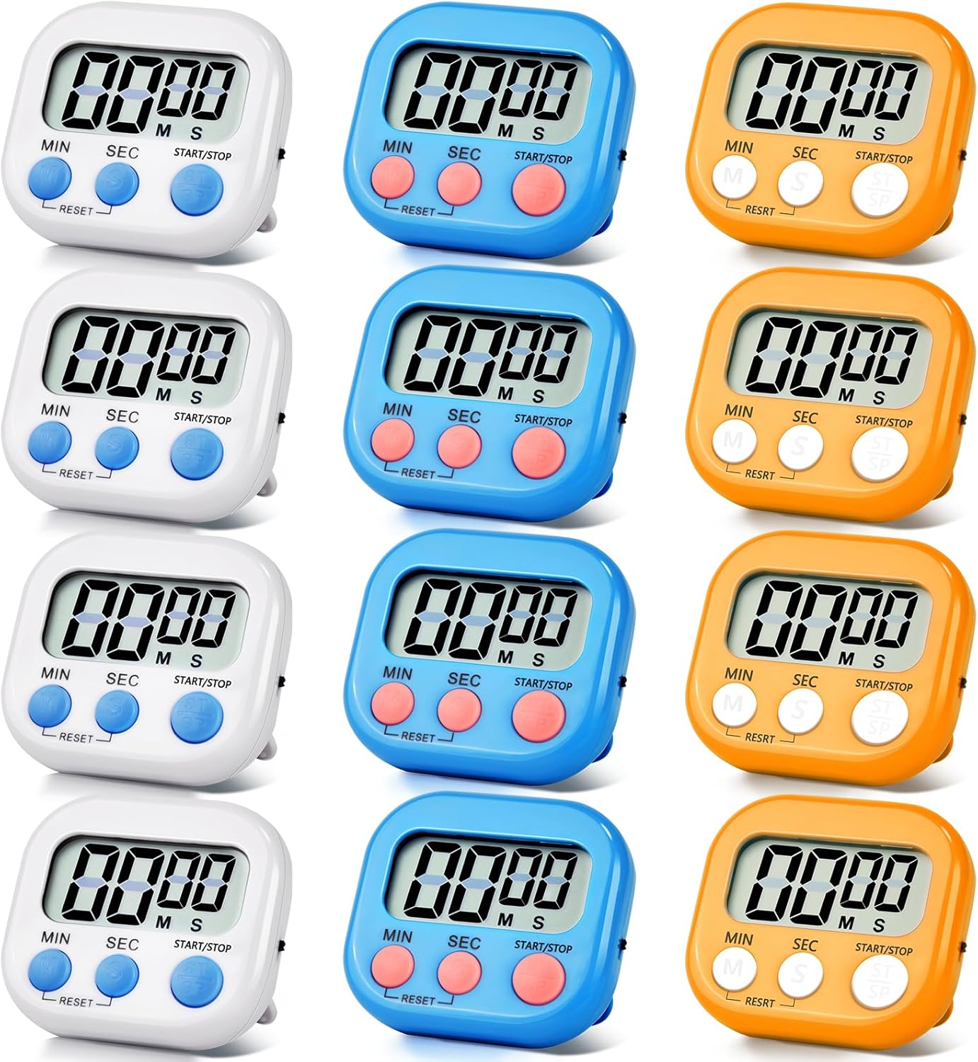 12 Pack Digital Kitchen Timer Magnetic Digital Timer with Big Display Loud Ring Cooking Timers for Kitchen Electronic Timer for Cooking, Bathing, Gym, Break Time, Classroom(12,White, Blue, Orange)