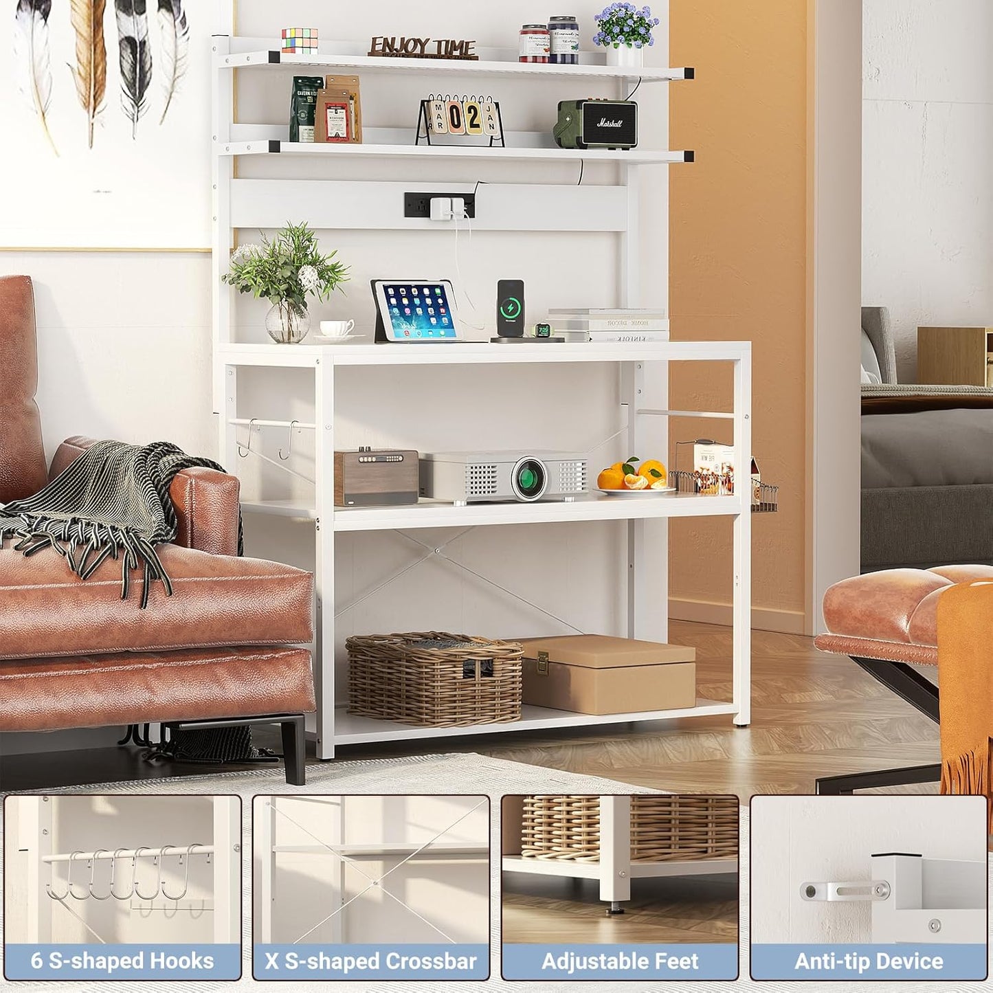 Aheaplus Bakers Rack with Power Outlet, Microwave Stand, 5 Tiers Coffee Bar Station with Led Lights, Kitchen Storage Shelf with 6 S-Shaped Hooks, Kitchen Rack Coffee Bar Stand, White