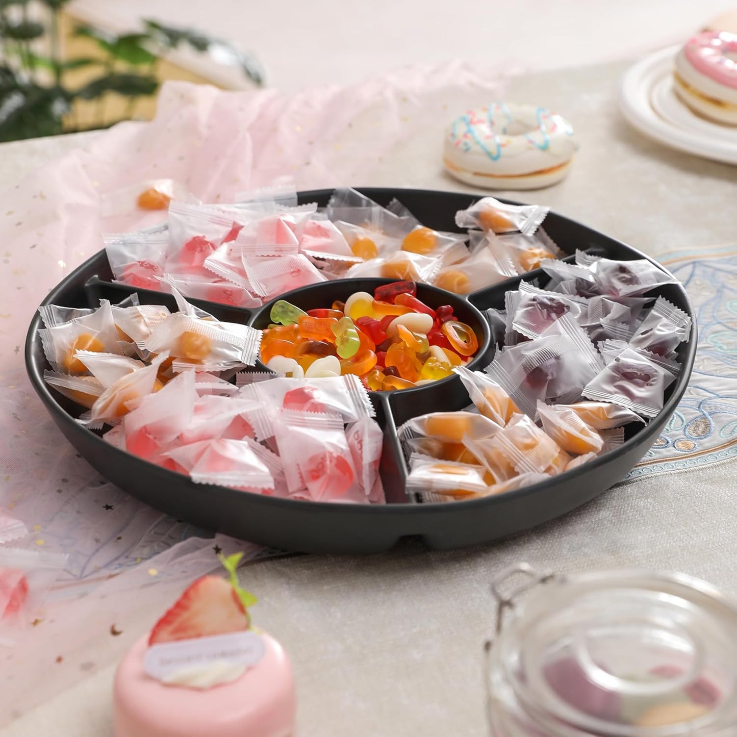 Chip & Dip Serving Tray Set, 4 Sectional Round Melamine Serving Platter, Relish Tray, Round Compartment Appetizer platter for Veggies, Candy and Snacks, Matte Black, Set of 2