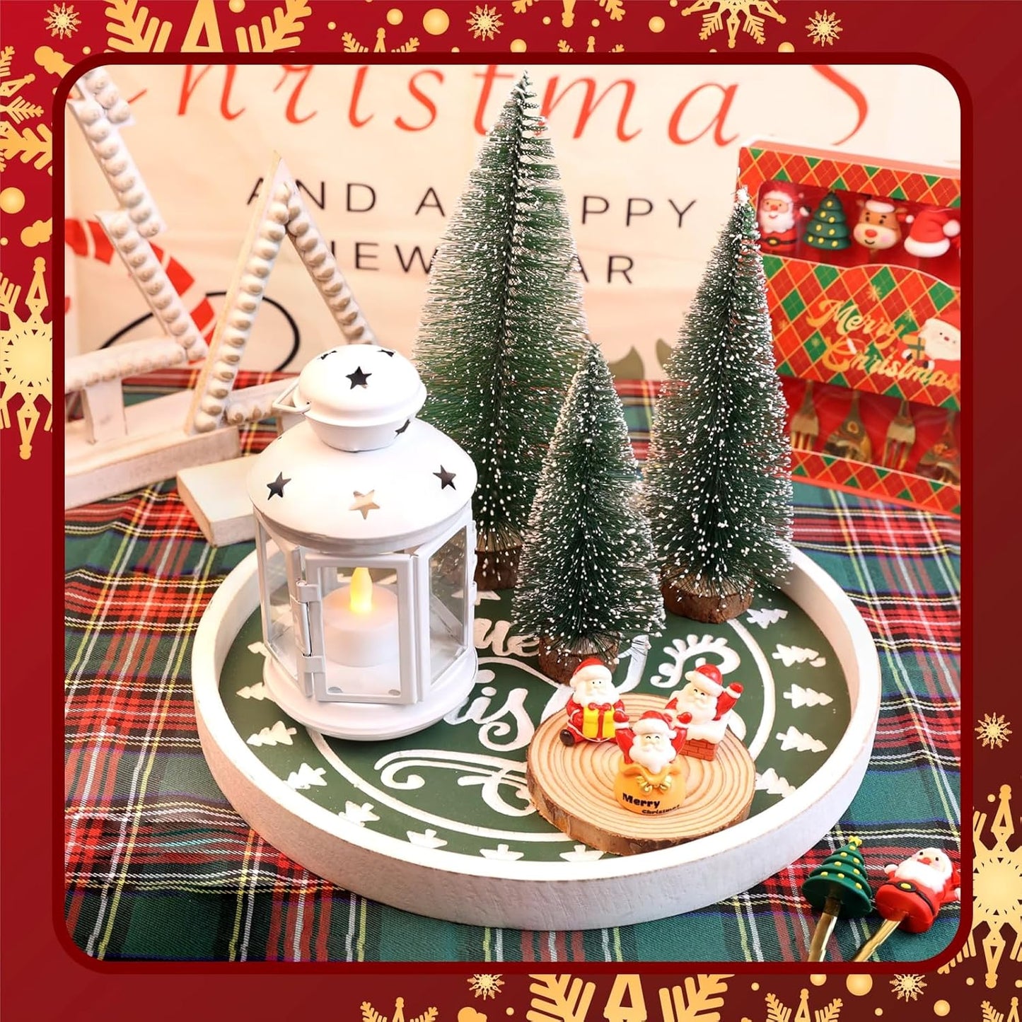 Christmas Wood Decorative Ottoman Tray for Coffee Table Kitchen Counter, Living Room, Round Handcrafted Green Wooden Serving Tray for Table Centerpiece