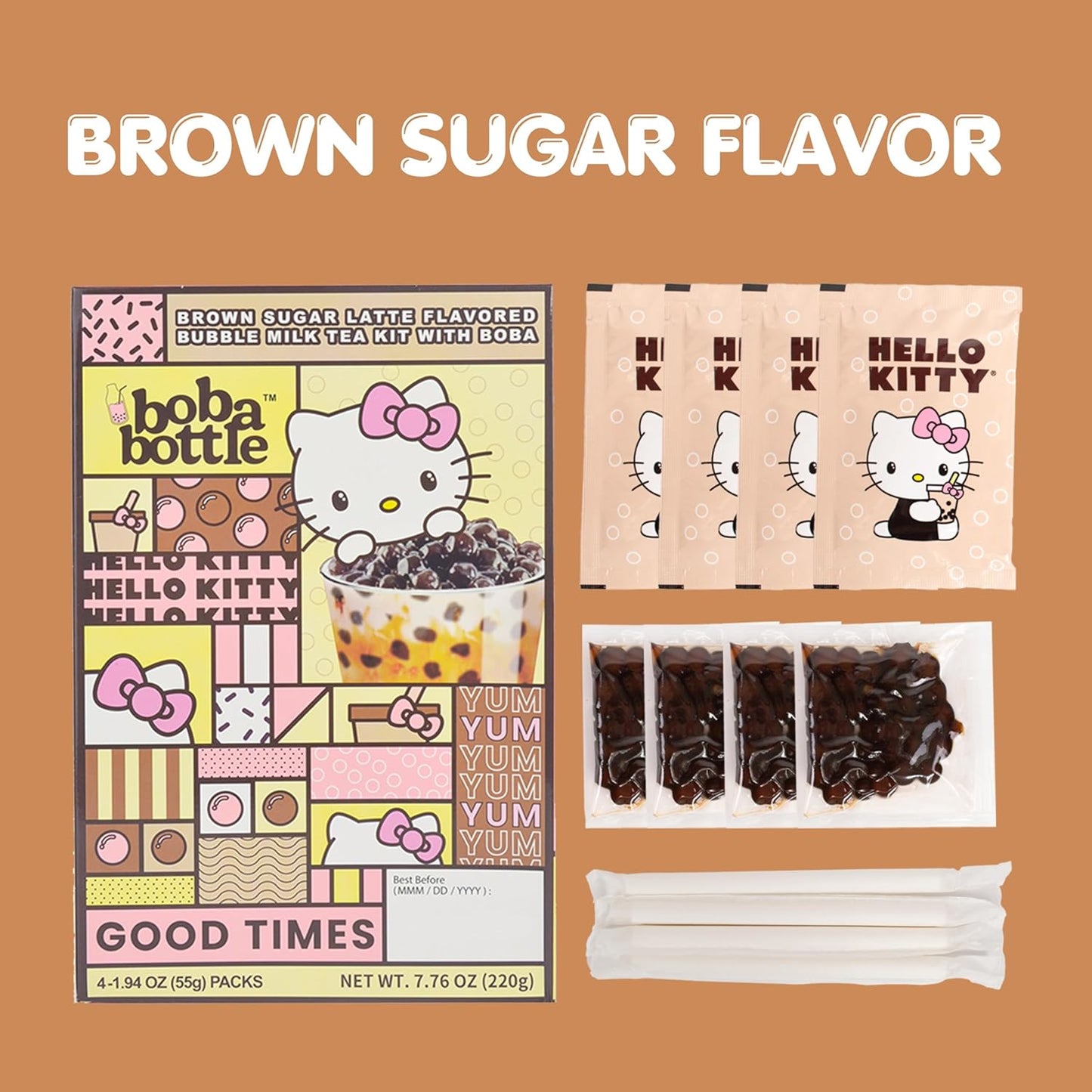 Hello Kitty Instant Boba Milk Tea Variety Kit, Brown Sugar, Taro, Match Flavor, with Taiwan Tapioca Pearls, Paper Straws Included (12 Servings)