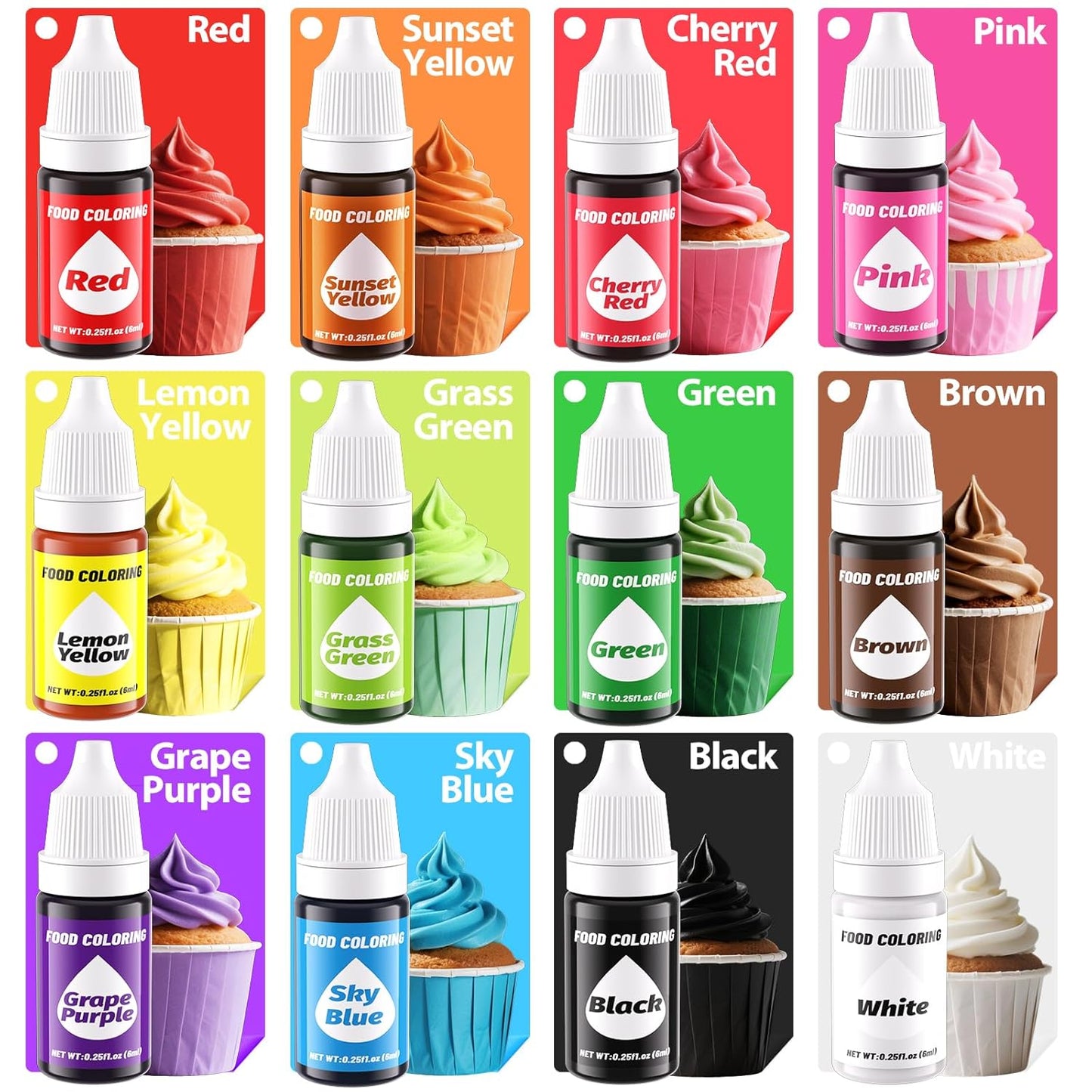 12 Color Gel Food Coloring Liquid Set-KATSPRO Food Grade Tasteless Vibrant Kids Food Coloring Dye for Baking Icing Cake Decorating Cookie Fondant, Frosting, Cookies, Christmas Baking, Easter Egg and DIY Supplies Kit - 0.25 Fl.oz(6ml)/Bottles