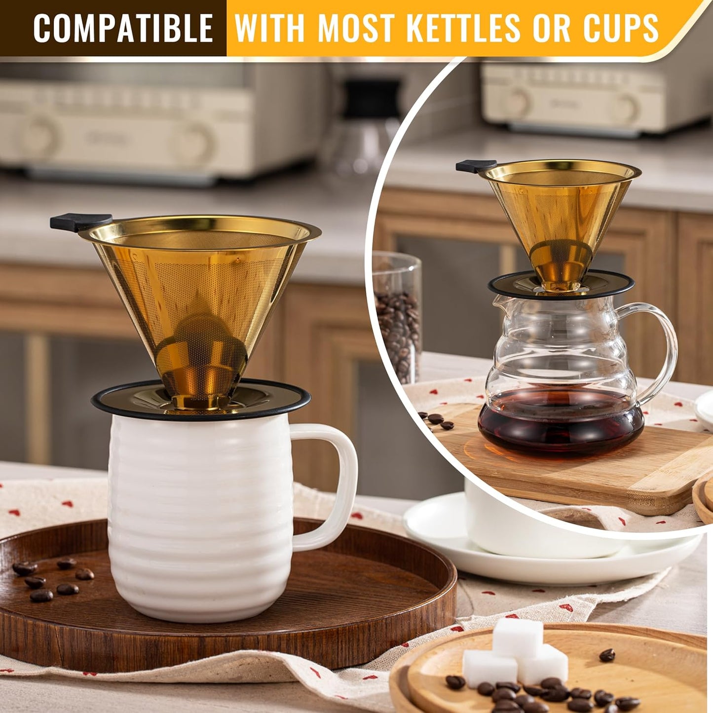 Pour Over Coffee Dripper INSINTAR Stainless Steel ReusablePour Over Drip Coffee Filter Paperless Coffee Strainer Single Cup Coffee Maker 1-4 Cup (Titanium Gold)