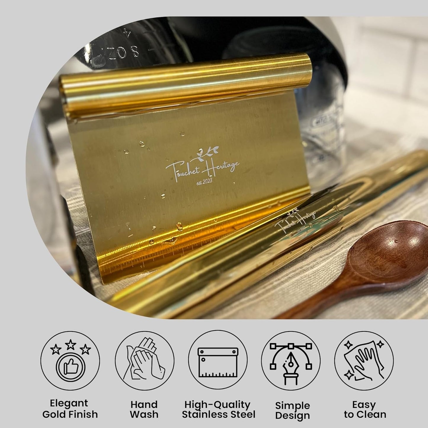 French Rolling Pin and Dough Scraper Set | Gold Bench Scraper Tool | Rolling Pin For Dough | Bread Making Accessories | Metal Bread Dough Cutter | Sourdough Scraper | Rolling Pin for Baking, small