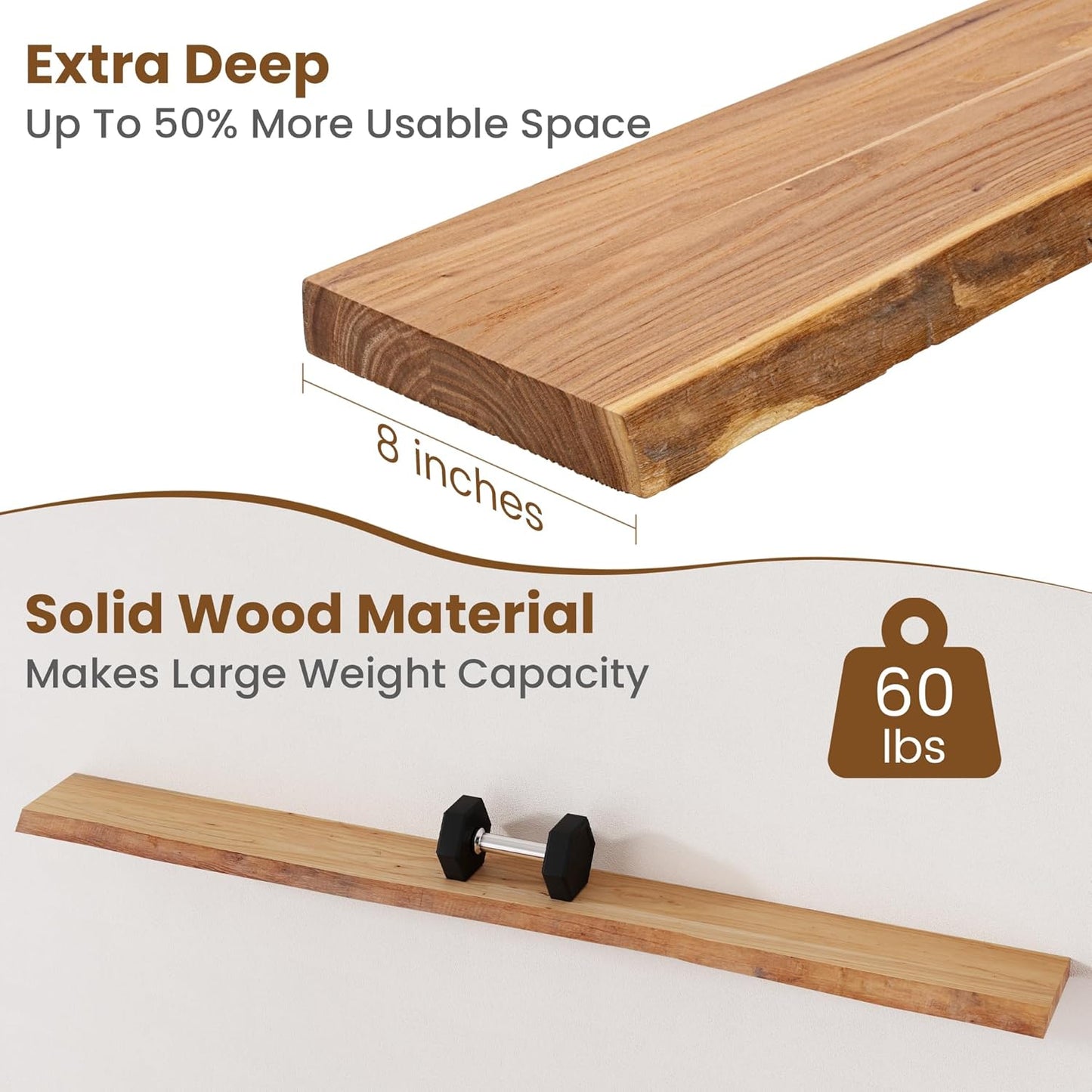 Floating Shelves for Wall Decor, Rustic Solid Elm Wood Live Edge Floating Shelves Wall Mounted, Wall Shelves with Invisible Bracket for Living Room Bathroom Bedroom Kitchen, 72 Inch, Natural