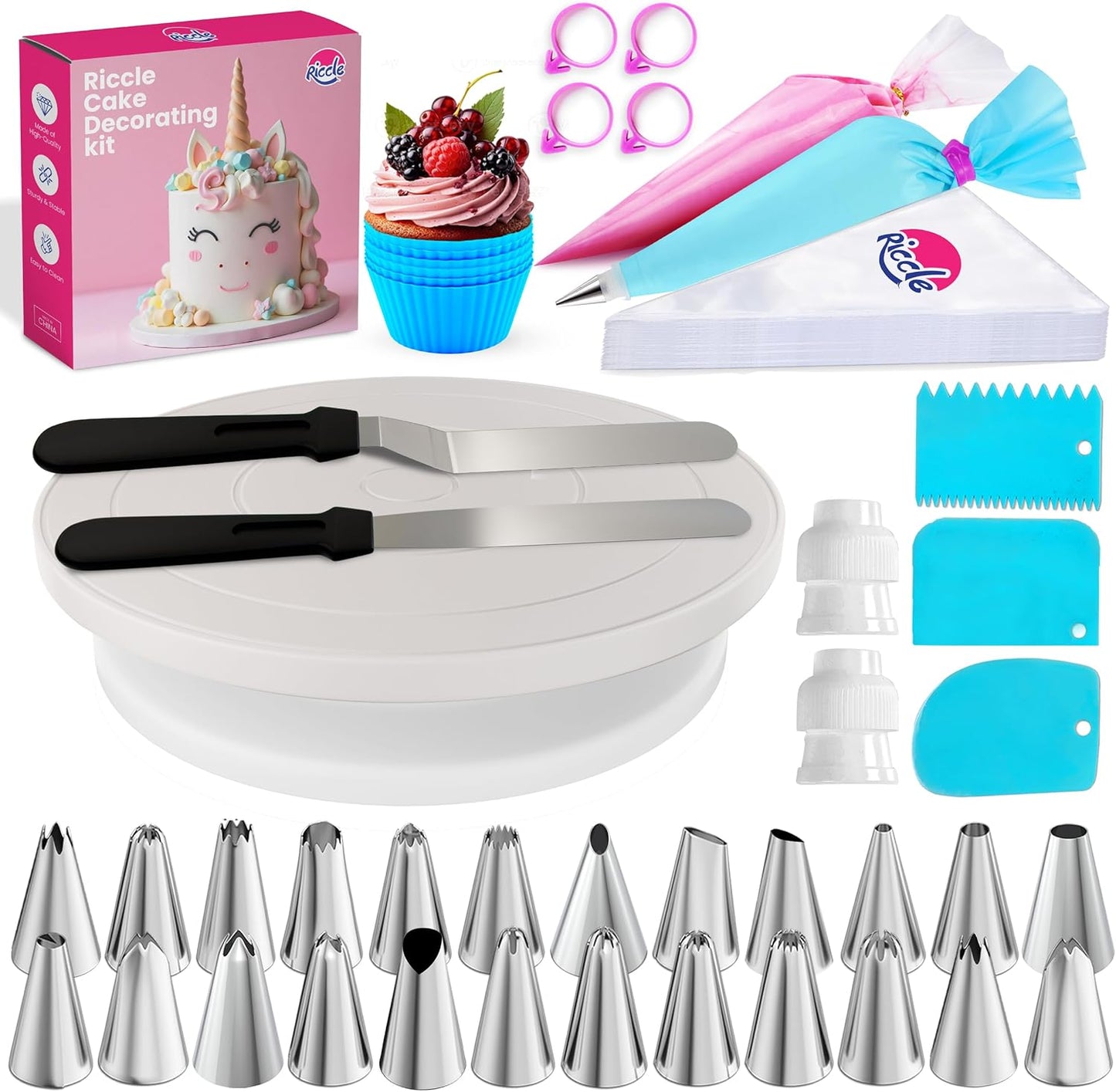Riccle 94 pcs Cake Decorating Kit with Cake Turntable - Includes 50pcs 12 Inch Disposable + 2 Reusable Piping Bags and Tips Set, 24 Icing Piping Tips, 2 Spatulas, 3 Icing Comb Scraper, 6 Cake Liners