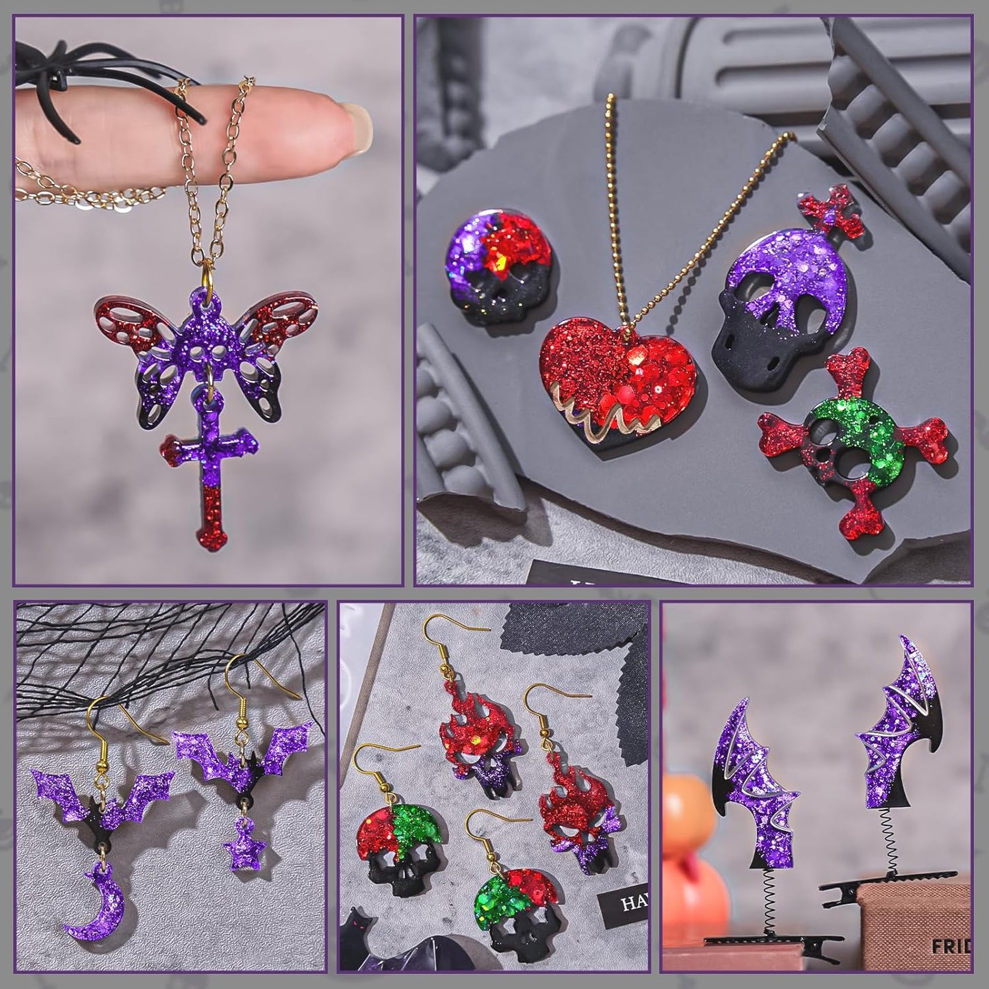 Halloween Resin Earrings Mold 3pcs Resin Jewelry Molds, Various Skull Silicone Molds Wing Hair Clips Mould, DIY Epoxy Ornaments Earring Pendants Necklaces Keychain Making Kit Holiday Gifts