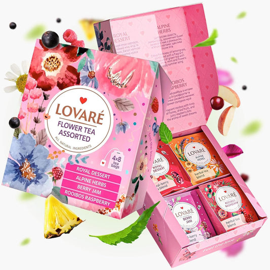 LOVARE Flower Assorted Tea Variety Pack 32 Pack, 4 Tastes - Made in Ukraine - Tea Bags Individually Wrapped - Royal Dessert, Alpine Herbs, Berry Jam, Rooibos Raspberry Assorted Tea Bags