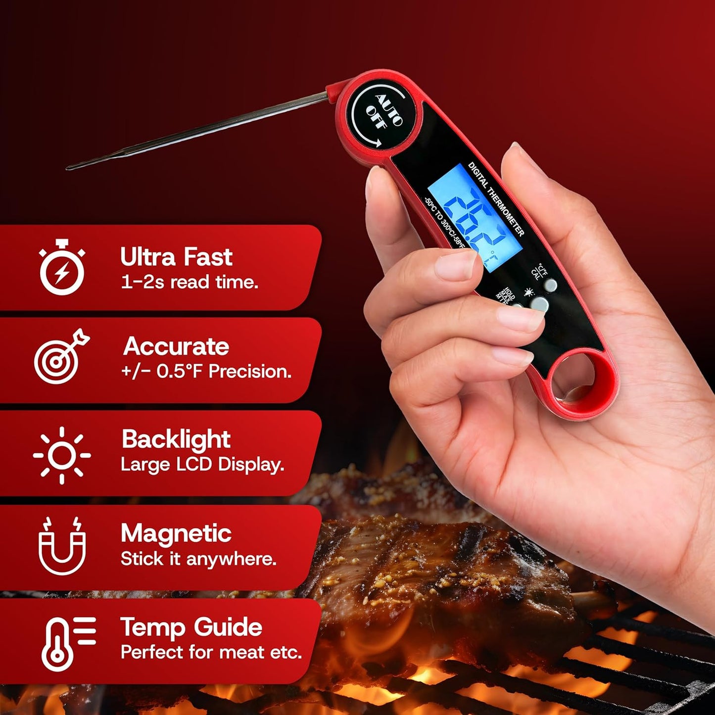 Meat Thermometer Digital Wireless with Cooking Tongs for Cooking & Grilling - Ultra-Fast Waterproof Food Thermometer with Backlight & Calibration for BBQ, Candy, Oven, Kitchen Essentials (Black/Red)