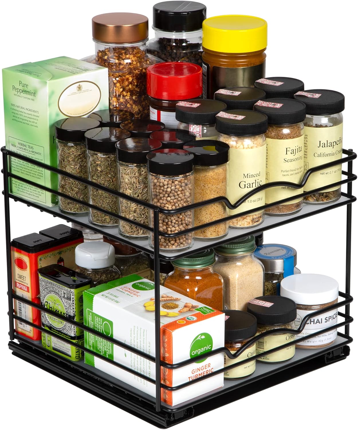 Pull Out Cabinet Organizer for Spices, Cans - Heavy Duty with Lifetime Limited Warranty- Pull Out Spice Rack- Cabinet Pull Out Shelf for Cans,Dishes, Etc, 20-3/8"Wx 10-1/2"D x 2-3/4” H, Black