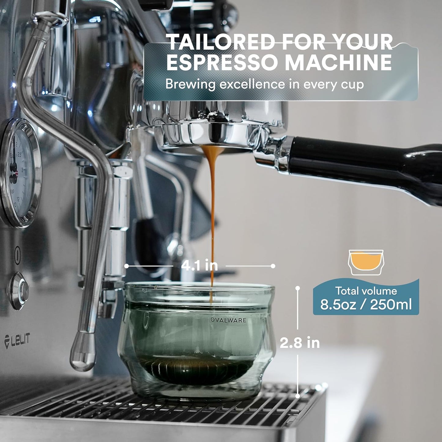 ovalware 8.5oz Double Wall Latte Cups, Latte Set of 2 - Latte Glasses for Cold & Hot Drink, Palm-Sized Cups with Wide Rim for Artistic Designs - Stealth Gray