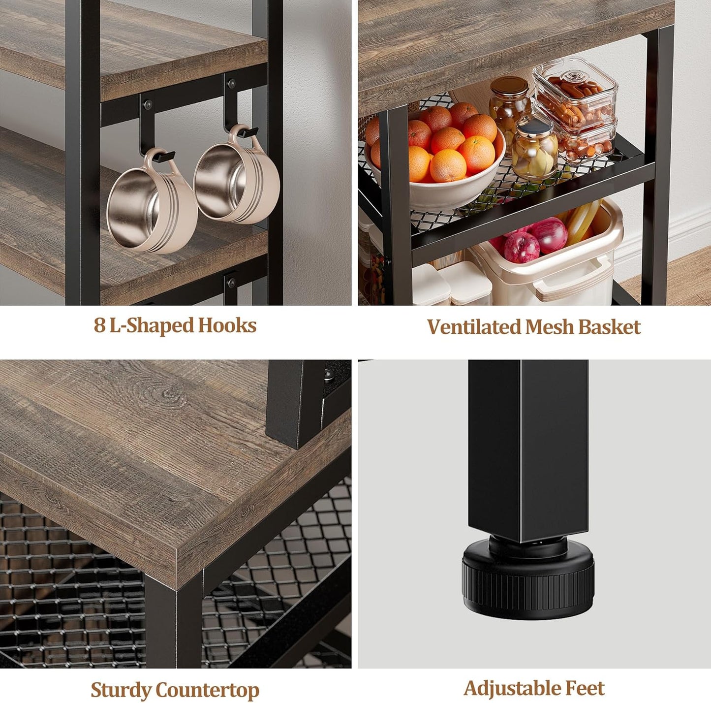 EnHomee Bakers Rack with Power Outlet, 6 Tier Microwave Stand, Coffee Bar Organizer with 8 L-Shaped Hooks, Kitchen Shelves with Storage, 14.1 x 30.1 x 63.1 Inches, Black Oak