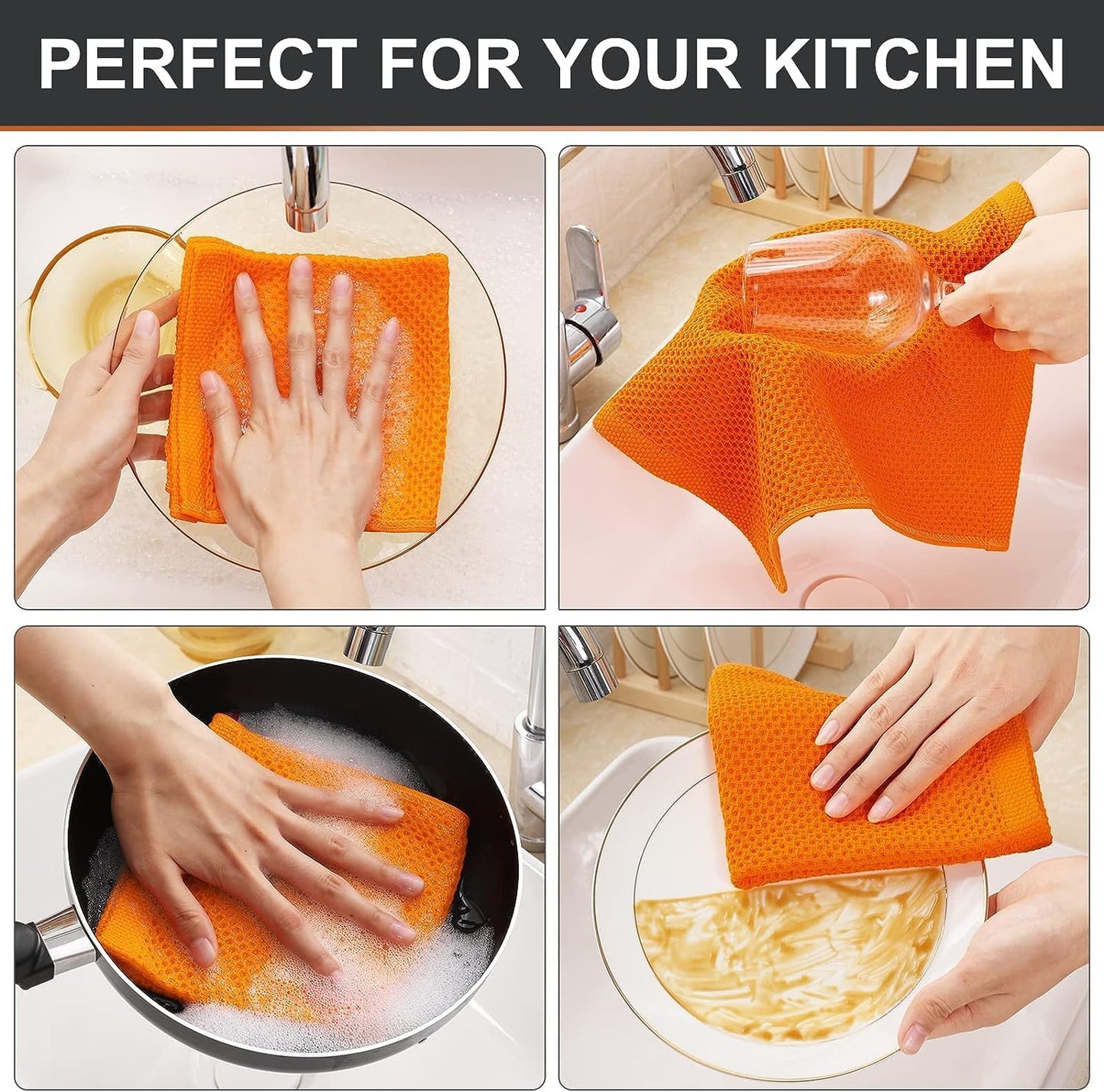 Kitinjoy 100% Cotton Kitchen Dish Cloths, 12 Pack Waffle Weave Ultra Soft Absorbent Dish Towels for Drying Dishes Quick Drying Kitchen Towels Dish Rags, 12 X 12Inch, Orange