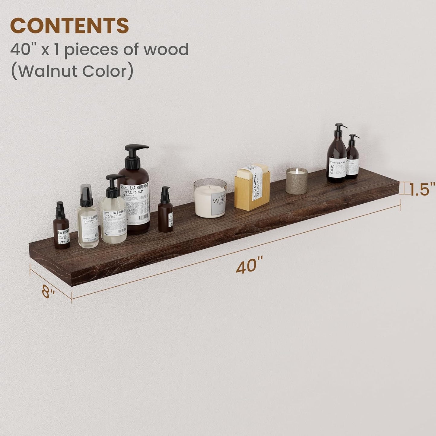 Floating Shelves for Wall Decor, 8 Inch Deep Rustic Solid Elm Wood Floating Shelves Wall Mounted, Wall Shelves with Invisible Bracket for Living Room Bathroom Bedroom Kitchen, 40 Inch Set of 1, Walnut