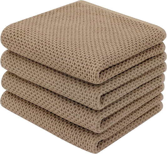 Homaxy 100% Cotton Waffle Weave Kitchen Dish Towels, Ultra Soft Absorbent Quick Drying Cleaning Towel, 13 x 28 Inches, 4-Pack, Tan