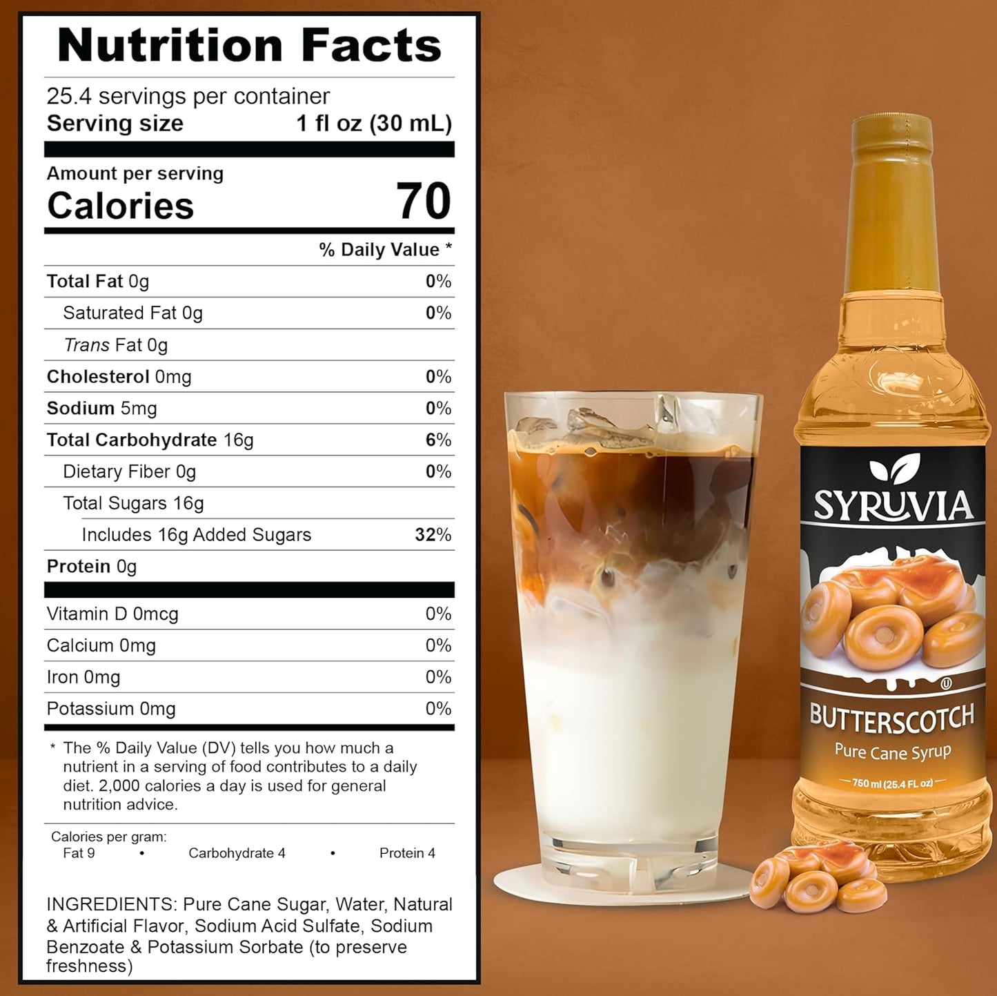 Syruvia Butterscotch Coffee Syrup - 25.4 fl oz. Kosher and Gluten-Free. Perfect for Enhancing Drinks, Sodas, Shakes, Desserts, and More.
