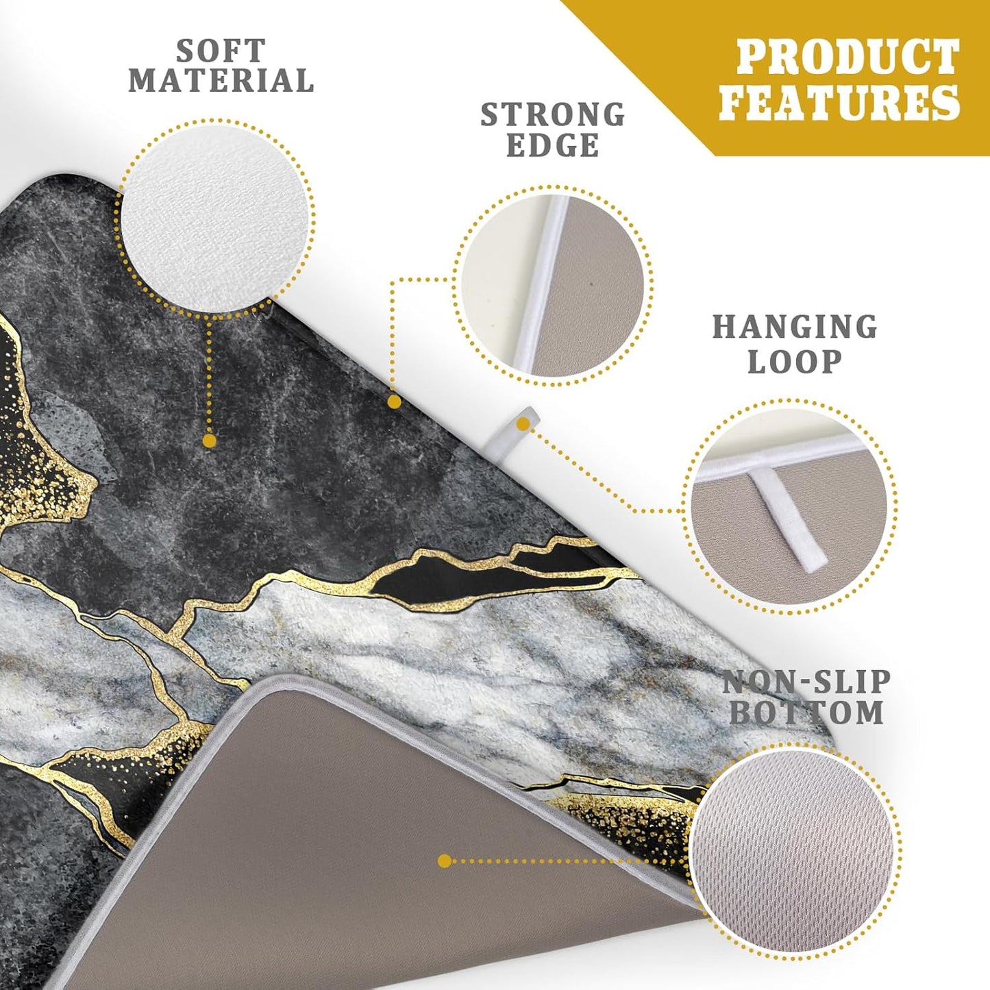 Giwawa Marble Dish Drying Mat for Kitchen Counter 18x24 inch Black Grey Gold Marbling Print Decorative Absorbent Dish Drying Pad Elegant Luxury Granite Stone Microfiber Large Drainer Rack
