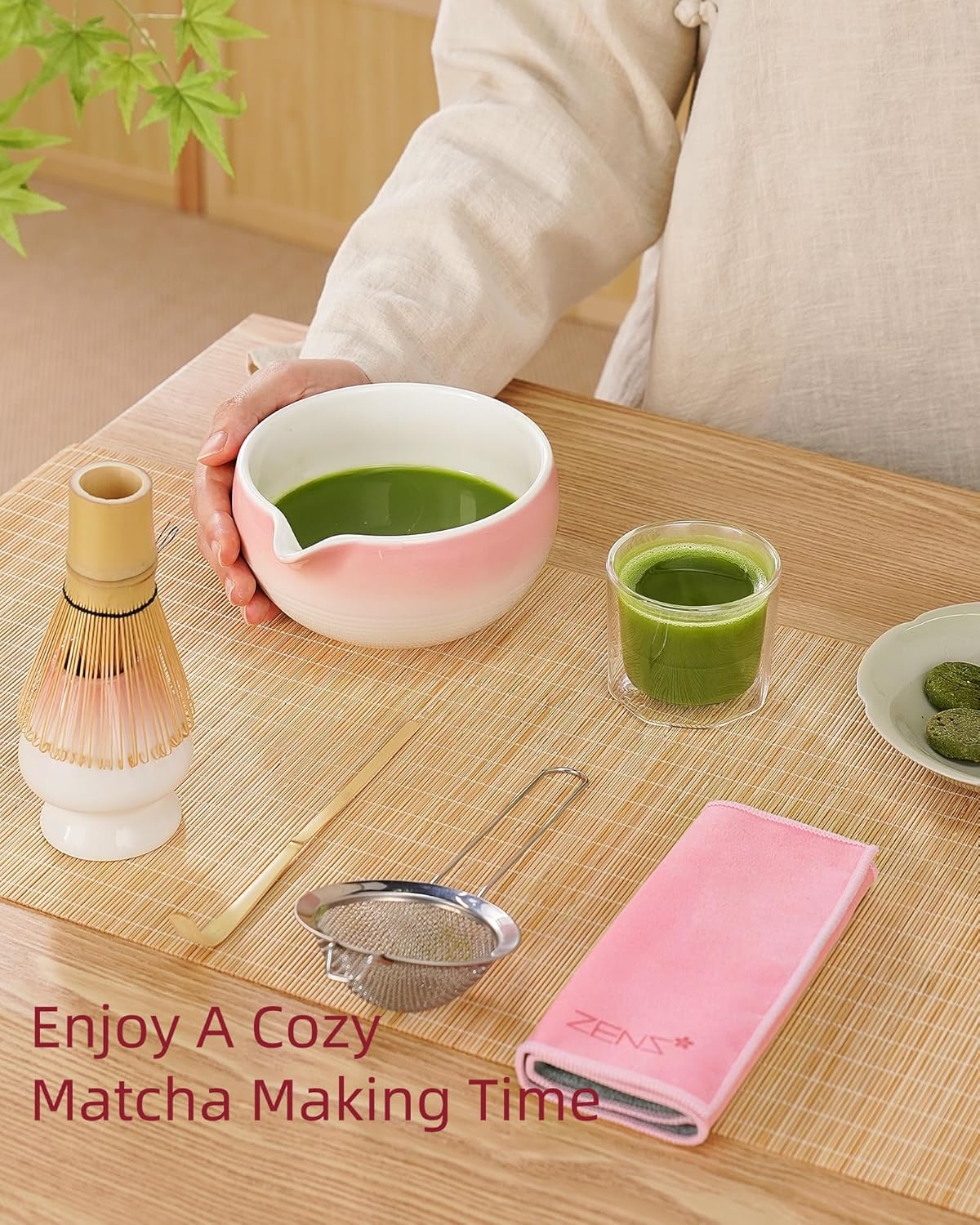 ZENS Pink Matcha Set, Matcha Whisk Set with 15oz Ceramic Bowl & (Chasen Holder), 6pcs Matcha Kit with Bamboo Scoop and Sifter, Tea Towel for Matcha Lovers