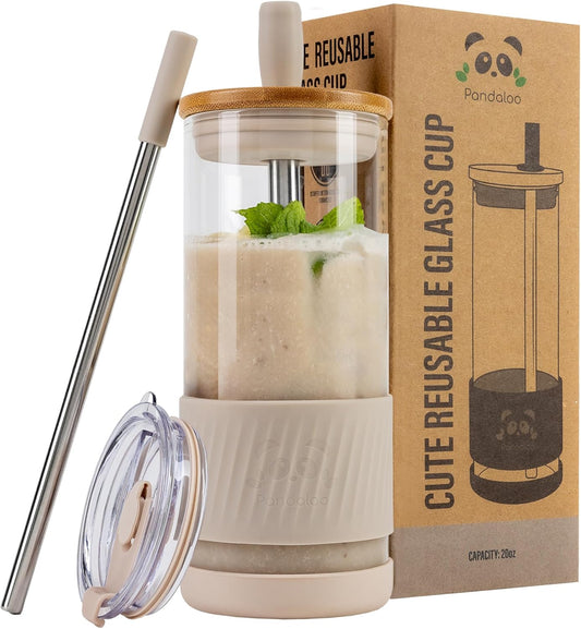 Pandaloo® Glass Cups With Lids and Straws -20 Fl Oz- Perfect Size Iced Coffee Cup - Smoothie Cup With Bamboo Lid and On the go Lid (Creamy Mushroom, 1 Count (Pack of 1)