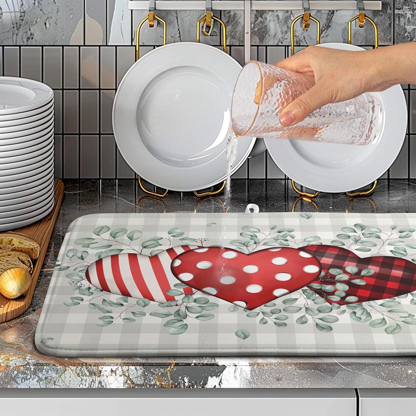 Valentines Day Dish Drying Mat Valentine Buffalo Plaid Eucalyptus Hearts Dishes Dryer Pad for Kitchen Countertops Microfiber 18x24 Inches