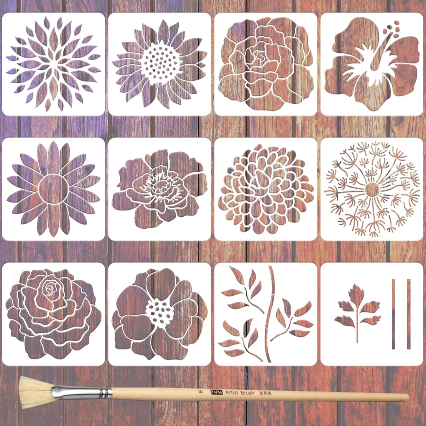 12PCS Large Flower Stencils for Painting on Wood 12 x 12 Inch Giant Wall Stencil with Brushes Large Pattern Floral Stencils Sunflower Paint Stencil for Walls Garden Fence Furniture