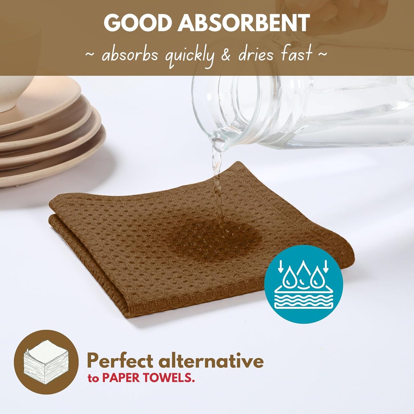Native Fab Cotton Dish Towel & Dishcloths 8 Piece Set - Soft, Absorbent, Durable, Washable, Fast Drying Towels for Cleaning, Cooking, Baking - Ideal for Home, Kitchen, BBQ & Outdoor Use - Brown