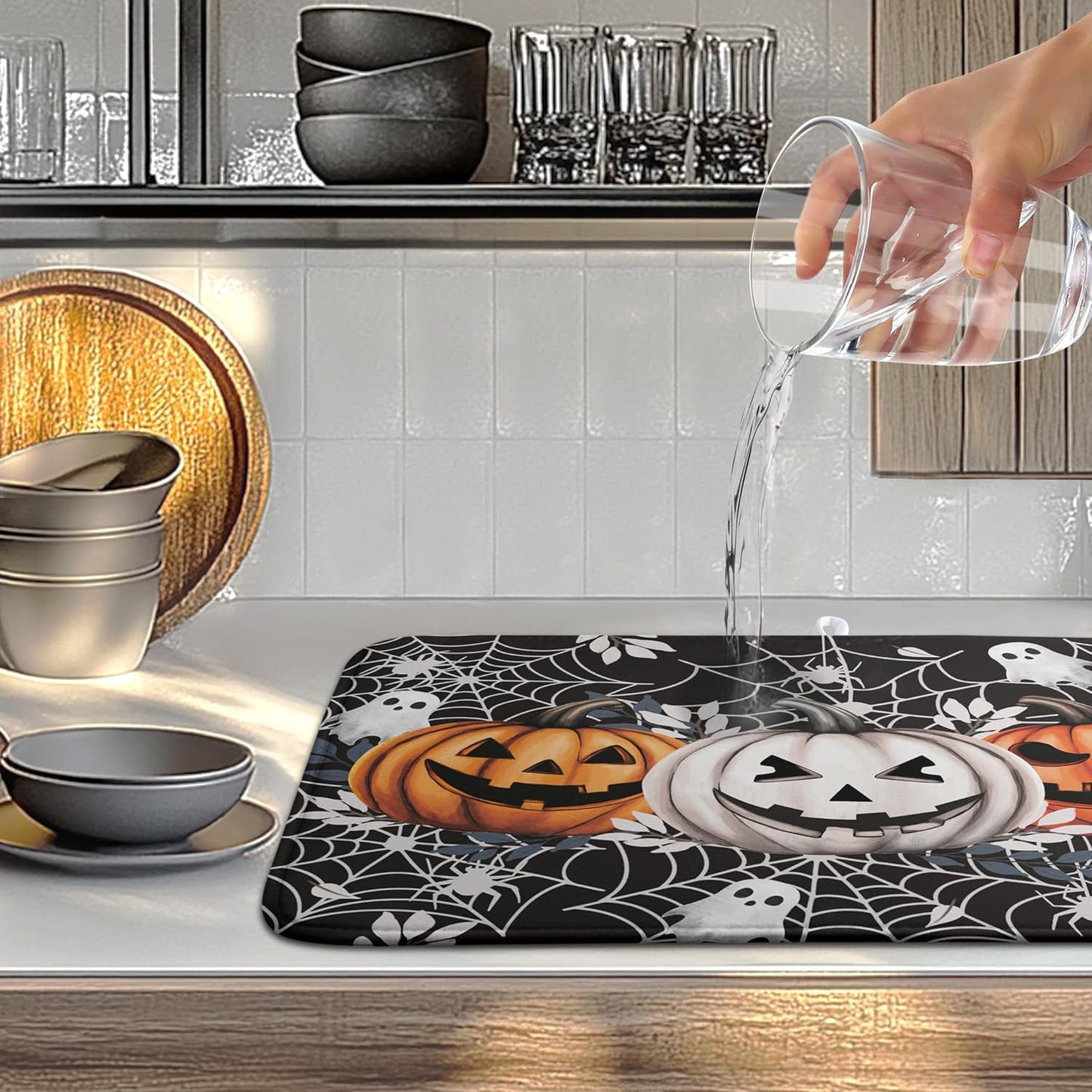 Halloween Pumpkin Dish Drying Mats Spooky Ghost Dish Mat Kitchen Spiders Large Drying Matt Dishes Dryer Pad for Kitchen Counter Absorbent Microfiber Washable Foldable Reusable 18x24 in