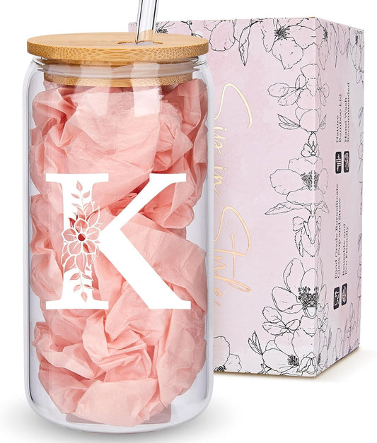 Personalized Gifts for Women, Monogrammed Glass Cups with Lids and Straws, Custom Tumbler, Cute Customized Mug, Aesthetic Stuff, Initial Iced Coffee Cup, Drinking Glasses, Birthday Teacher Gifts, K