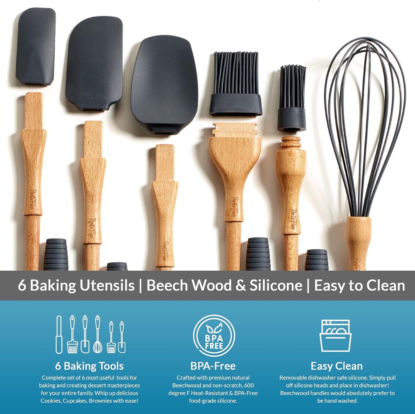 Baking Utensils Set 6 Pieces - Spatula Set for Baking - Baking Essentials 3 Spatula, 2 Pastry Brush, 1 Whisk - Spatulas Silicone Heat Resistant - Silicone Cooking Utensils - Gift for women - Dark Grey
