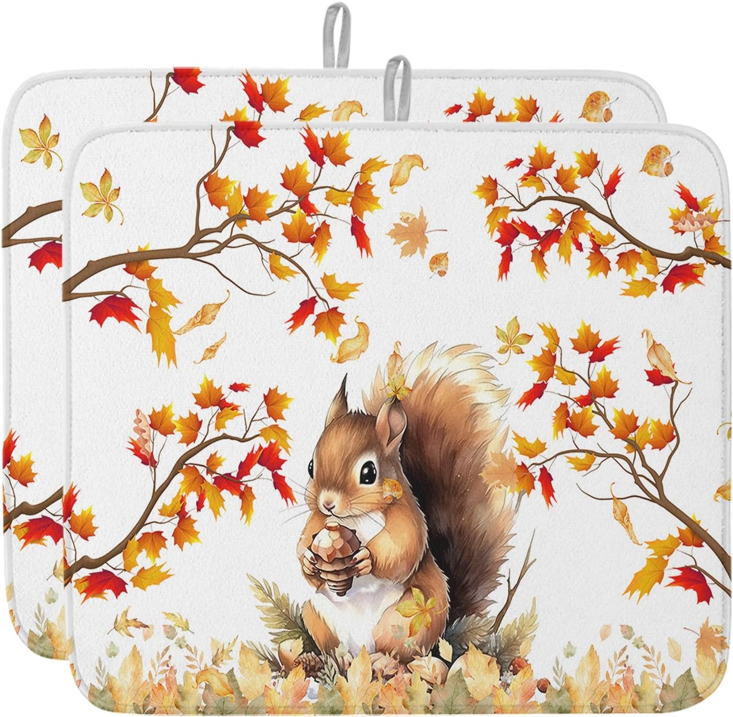 Fall Dish Drying Mat for Kitchen Counter Squirrel Drying Pad Absorbent Drying Mats for Countertops Sinks Draining Racks Pine Cone Autumn Maple Leaves Drainer Holiday Harvest Thanksgiving Decor 16x18