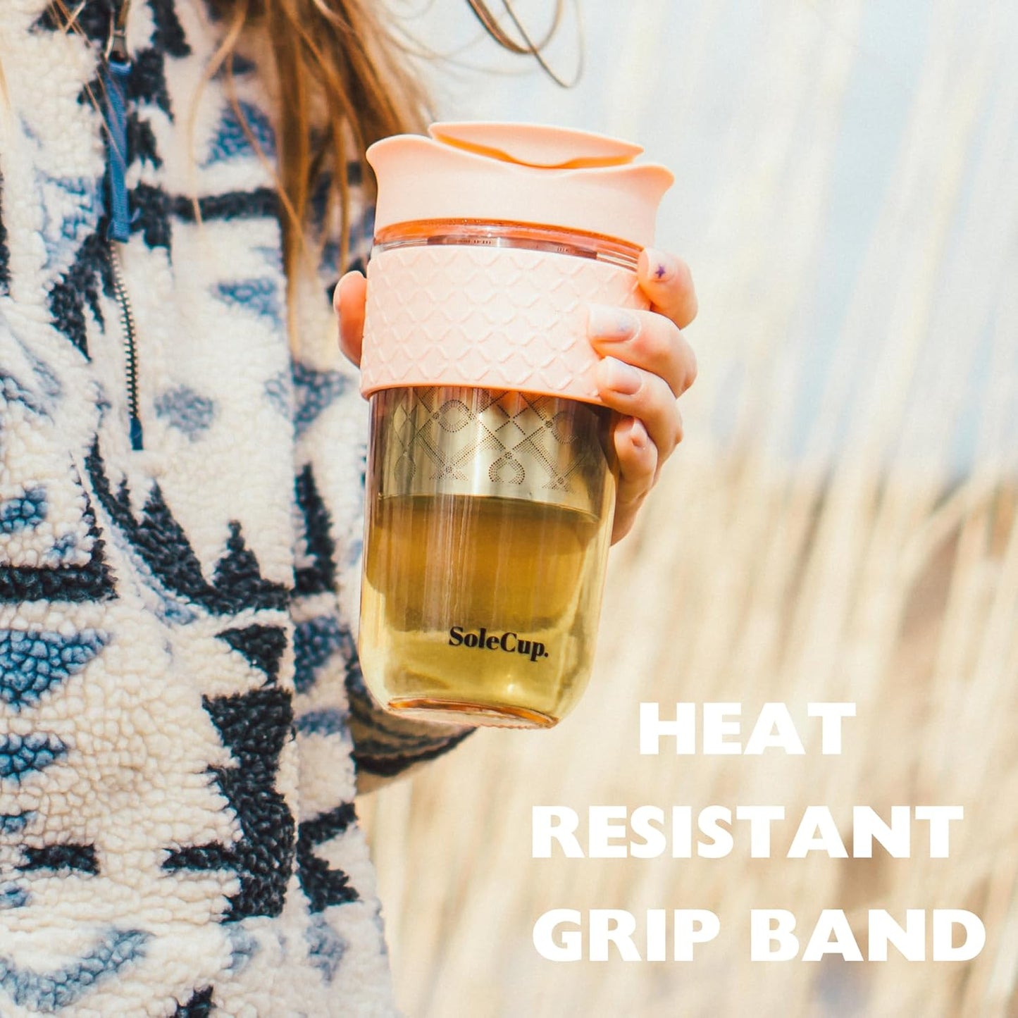 Large Travel Mug Loose Tea Infuser - Detachable Tea Strainer with Spill Proof Lid - 18oz/530ml BPA-Free Reusable Glass Travel Coffee Cup with Silicone Band (Pink) (Pink)