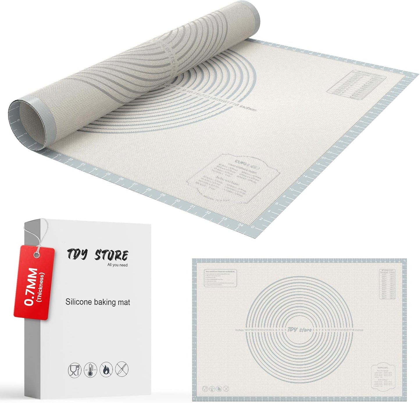 36 * 24 inches white grey, Non-Slip Silicone Baking Sheets - Baking Mat with 0.7mm Thickness - Non-Stick Pastry & Cookie Mat for Kitchen Counter for Rolling Out Dough with Measurements.