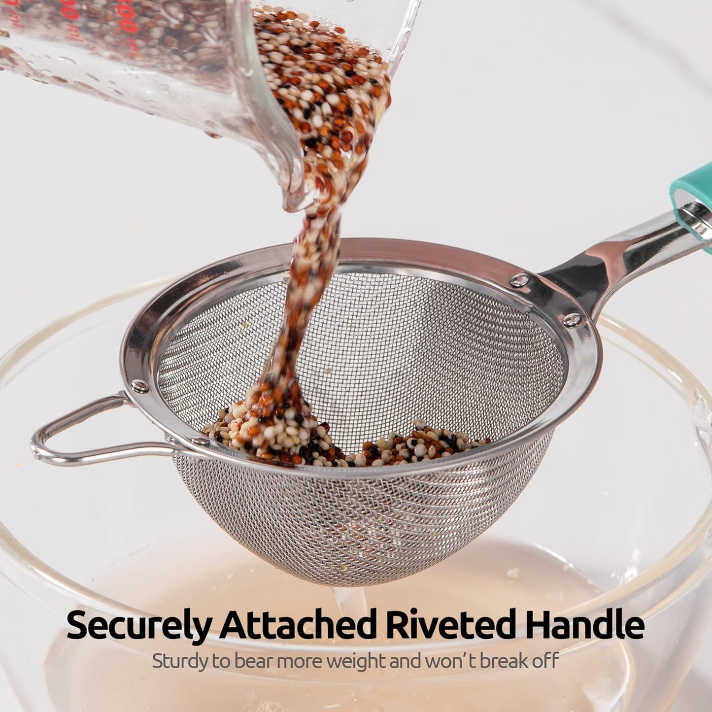 18/8 Stainless Steel Mesh Strainer: U-Taste 3.9 Inch Kitchen Fine Mesh Sieve Food Colander with Riveted Sturdy Silicone Handle and 30 Mesh Hole for Straining Flour, Quinoa, Tea, Juice (Aqua Sky)
